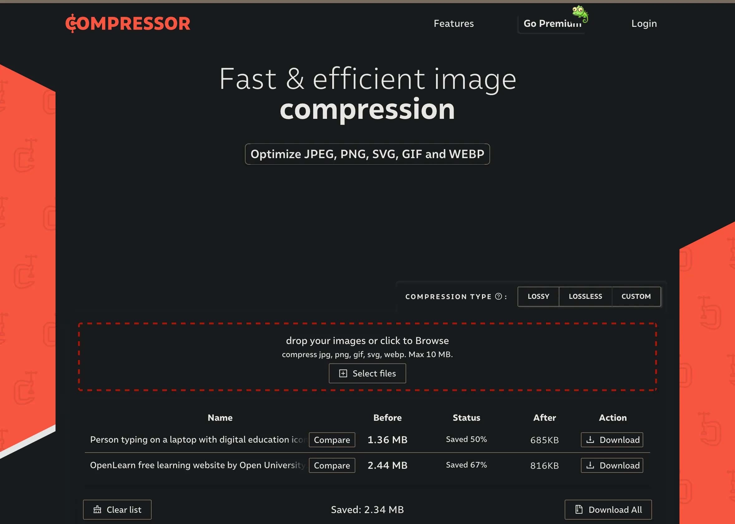 Giao diện website Compressor.io với tùy chọn tải ảnh lên và chọn chế độ nén ảnh có hoặc không mất dữ liệu.
