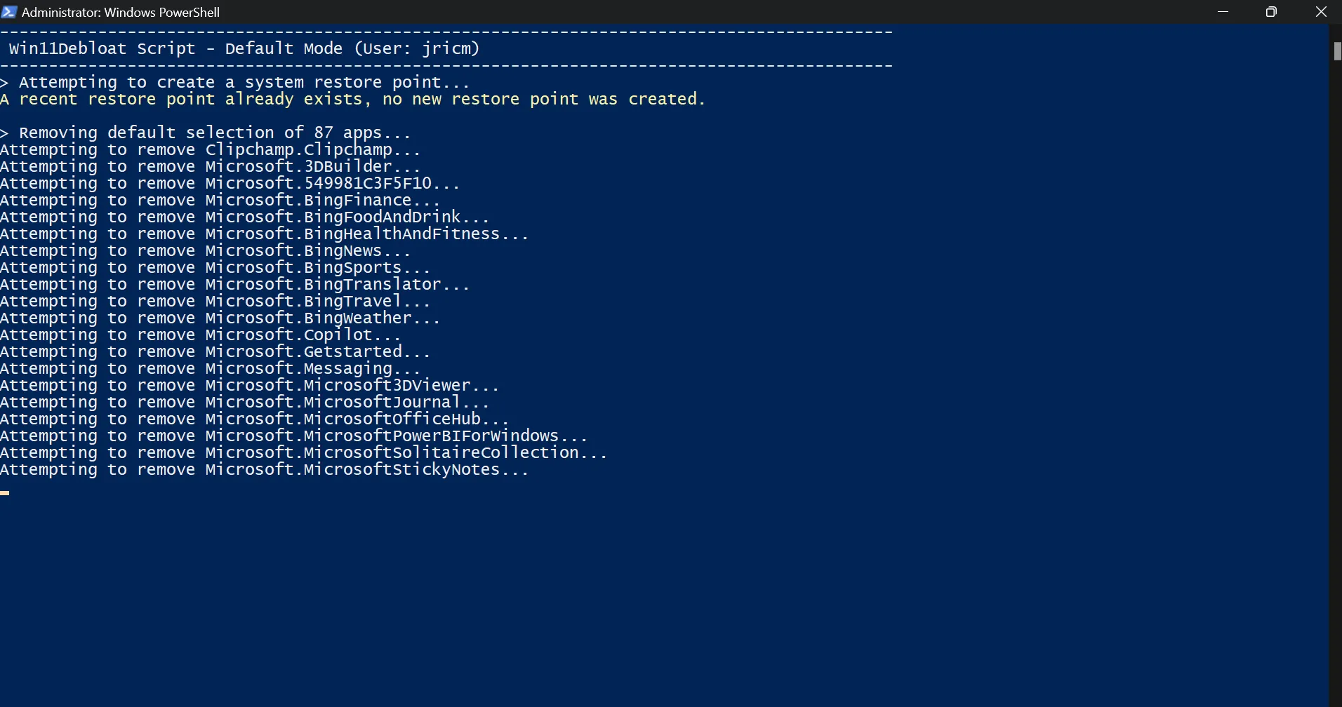 Giao diện Windows Terminal hiển thị các lệnh PowerShell để tự động gỡ bỏ bloatware của Microsoft