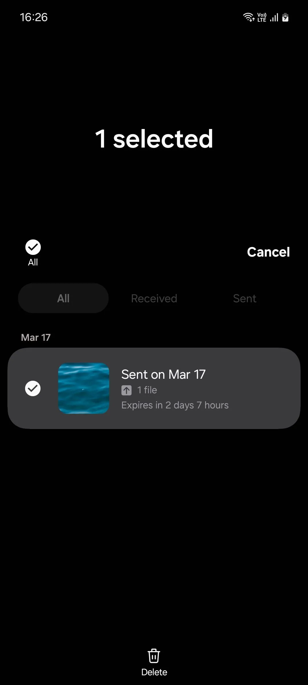 Giao diện xóa tệp đã chia sẻ qua Quick Share trên Samsung One UI
