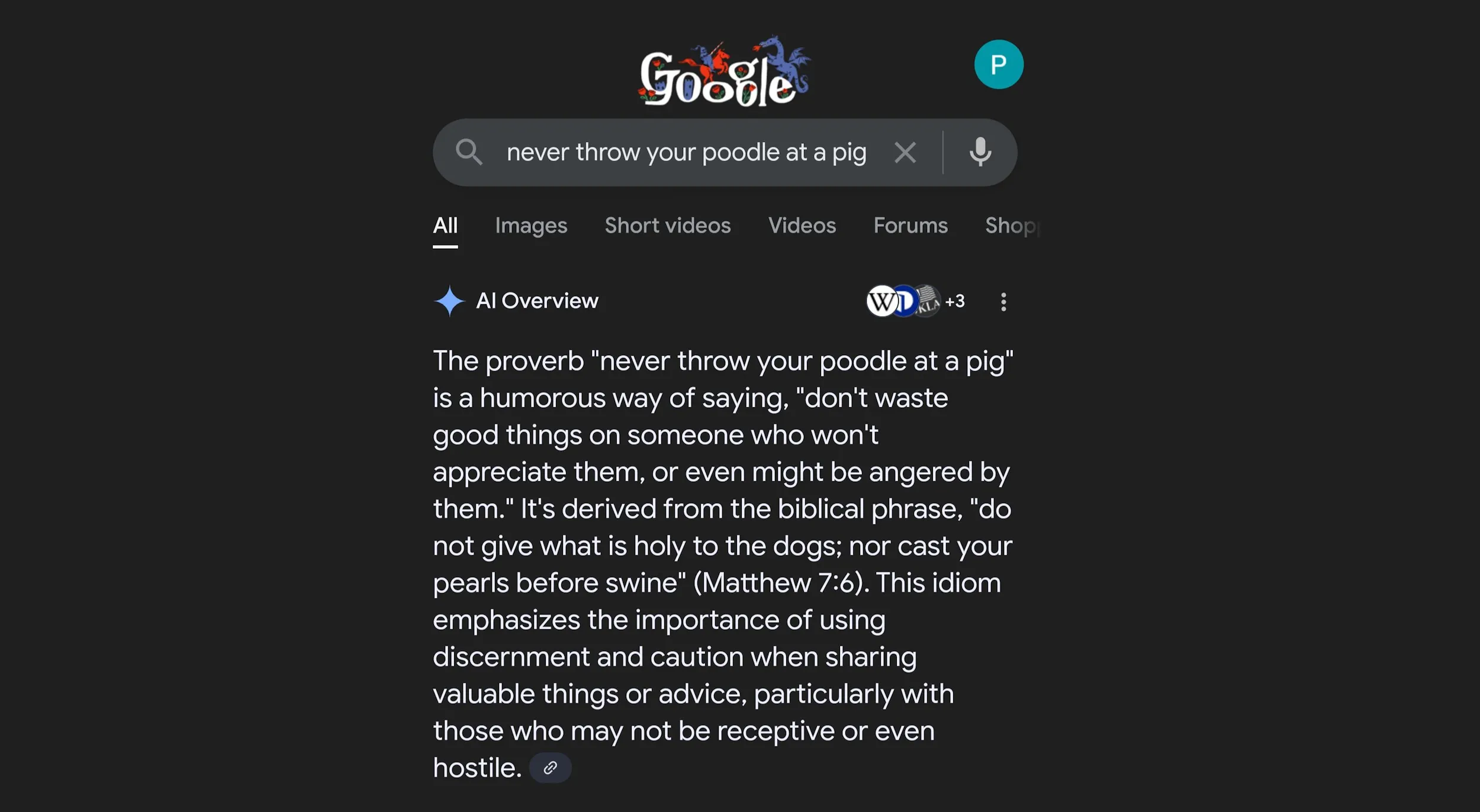 Google AI Overview tạo ra thành ngữ giả và trích dẫn sai về &quot;never throw your poodle at a pig&quot; minh họa lỗi ảo giác AI.