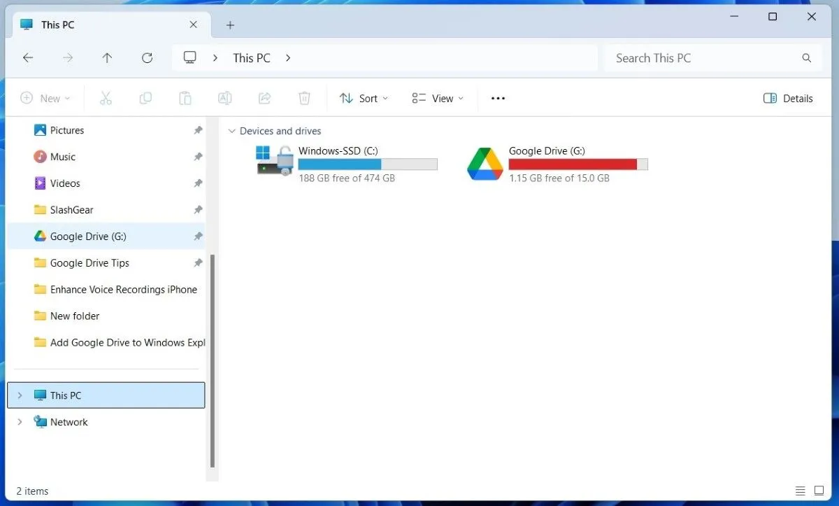 Google Drive được tích hợp và hiển thị trong thanh điều hướng File Explorer trên Windows 11