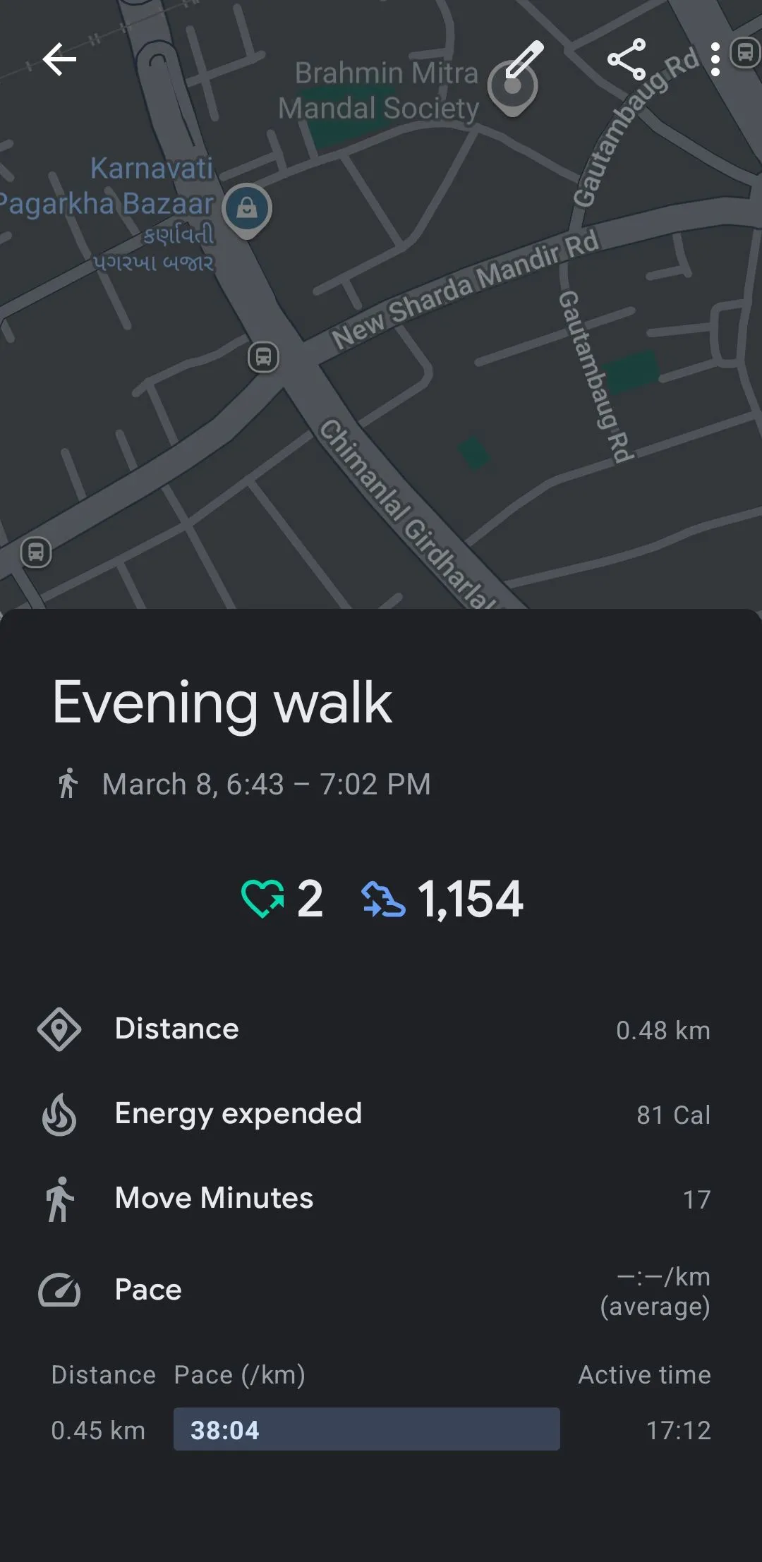 Google Fit hiển thị chi tiết dữ liệu đi bộ, bao gồm số bước và quãng đường trên điện thoại Android.