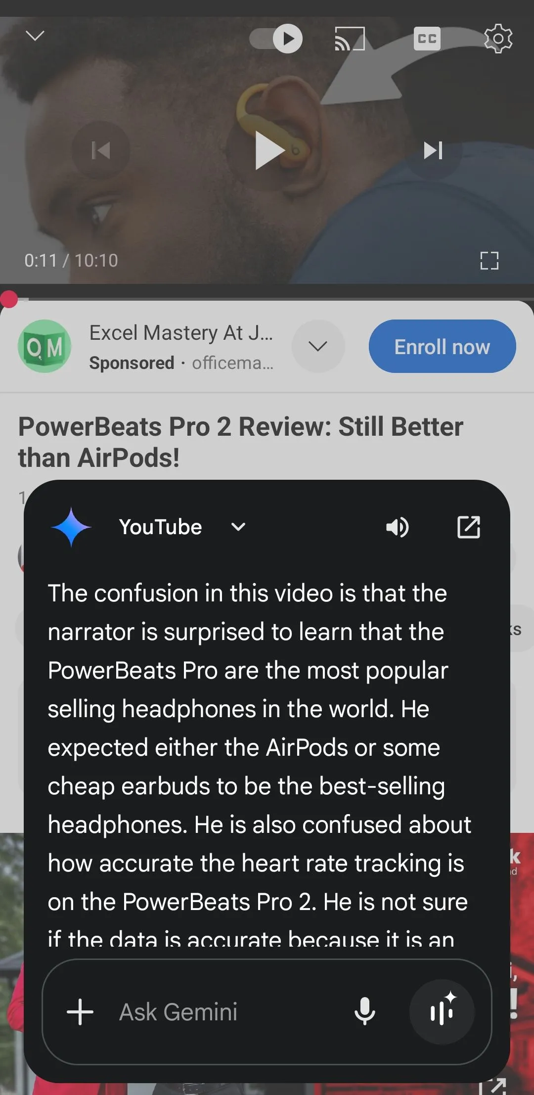 Google Gemini hiển thị tóm tắt video YouTube về PowerBeats Pro 2