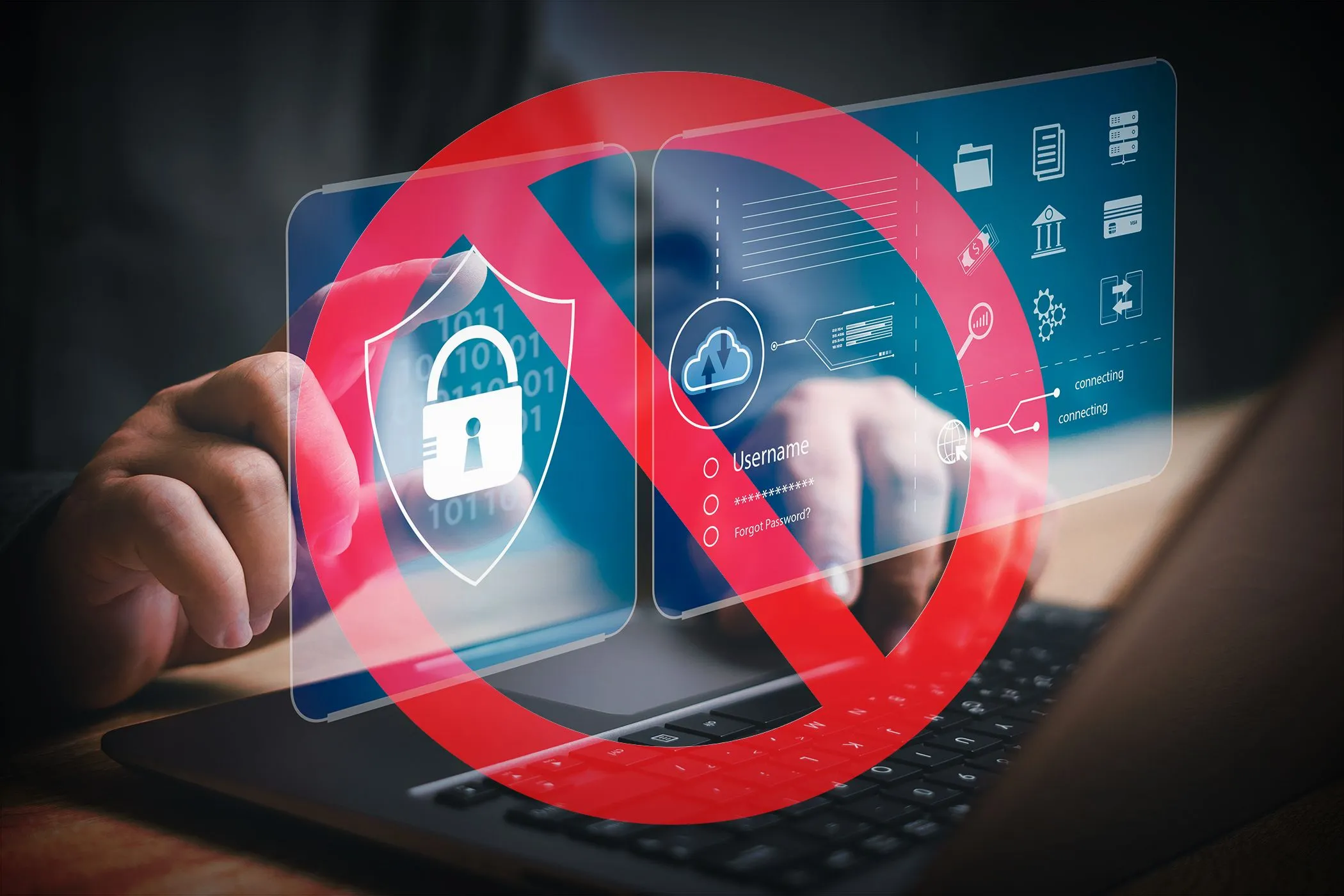 Hình ảnh bàn tay đang gõ trên laptop với biểu tượng cấm màu đỏ, minh họa rủi ro an ninh mạng khi mật khẩu yếu.