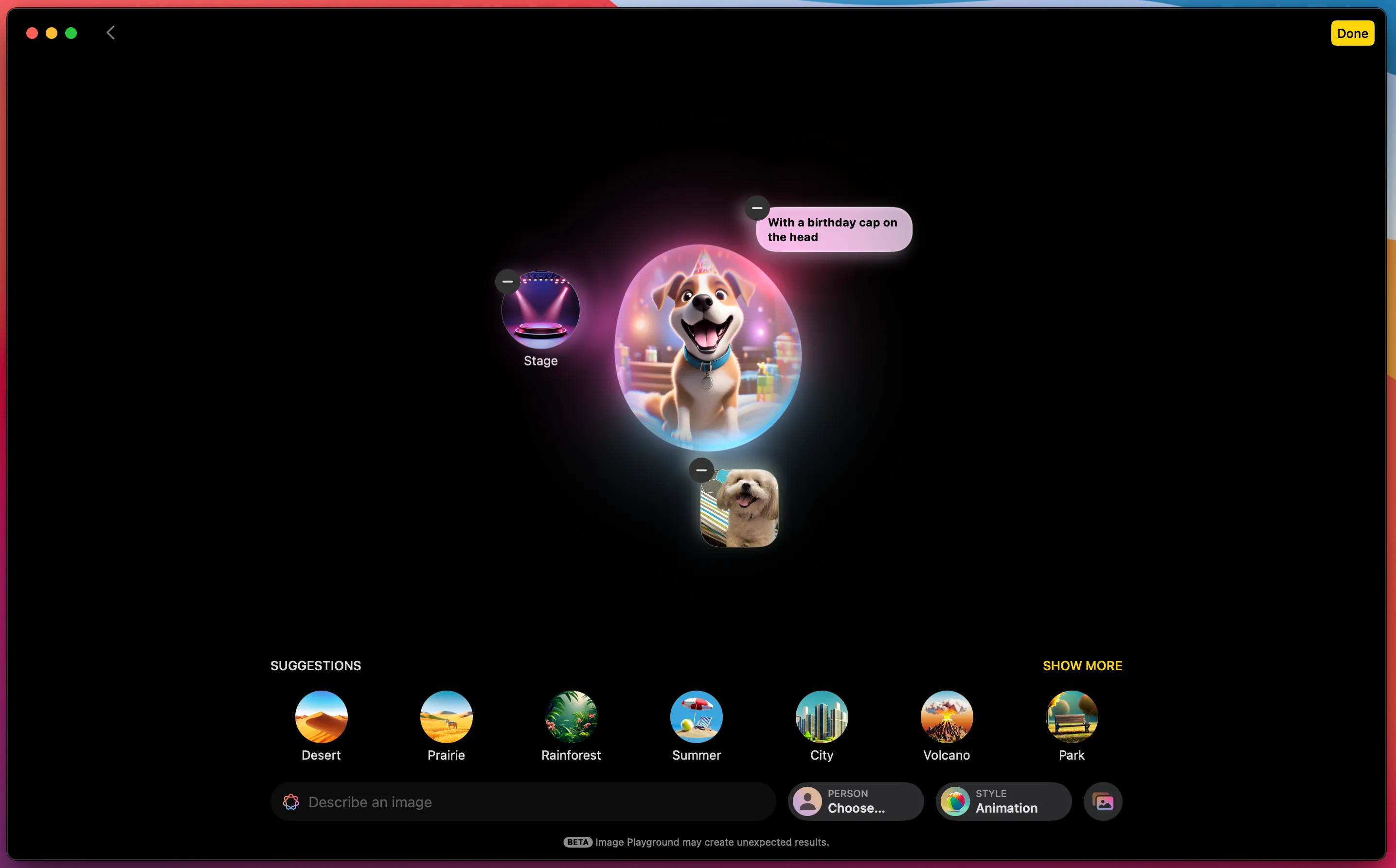 Hình ảnh được tạo bởi AI trong ứng dụng Image Playground của Apple Intelligence mô tả một chú chó, minh họa tính năng tạo ảnh AI