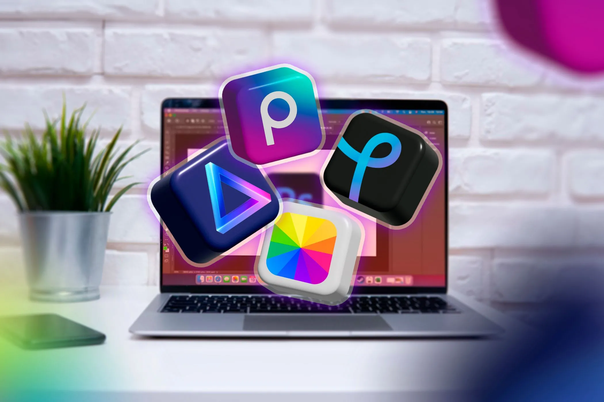 Hình ảnh minh họa một laptop đang chạy Adobe Photoshop, xung quanh là các ứng dụng chỉnh sửa ảnh thay thế khác, biểu trưng cho sự đa dạng của thị trường phần mềm.