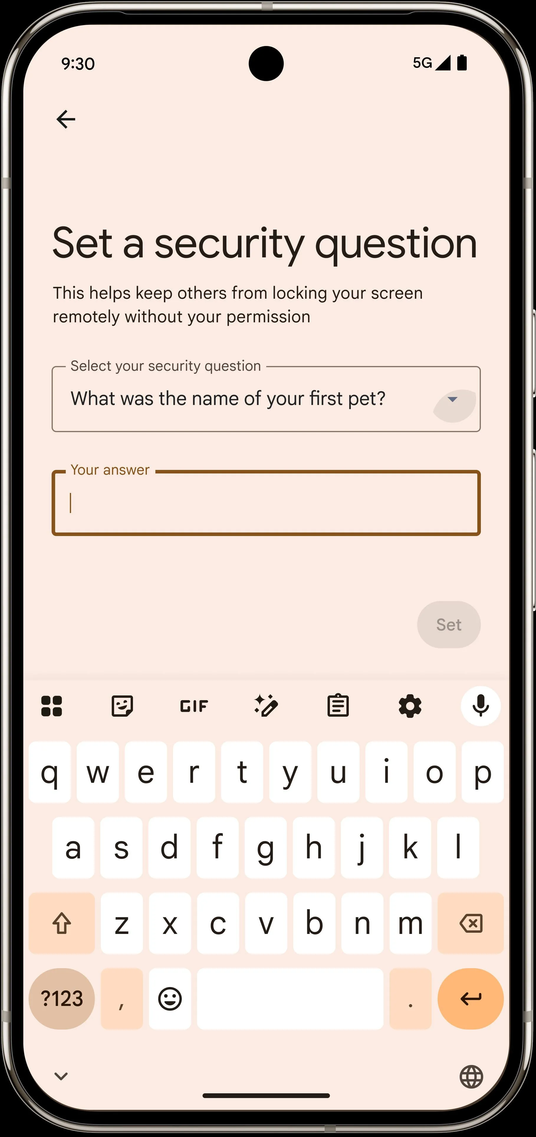 Hình ảnh minh họa tính năng khóa từ xa với câu hỏi bảo mật trên Android 16.