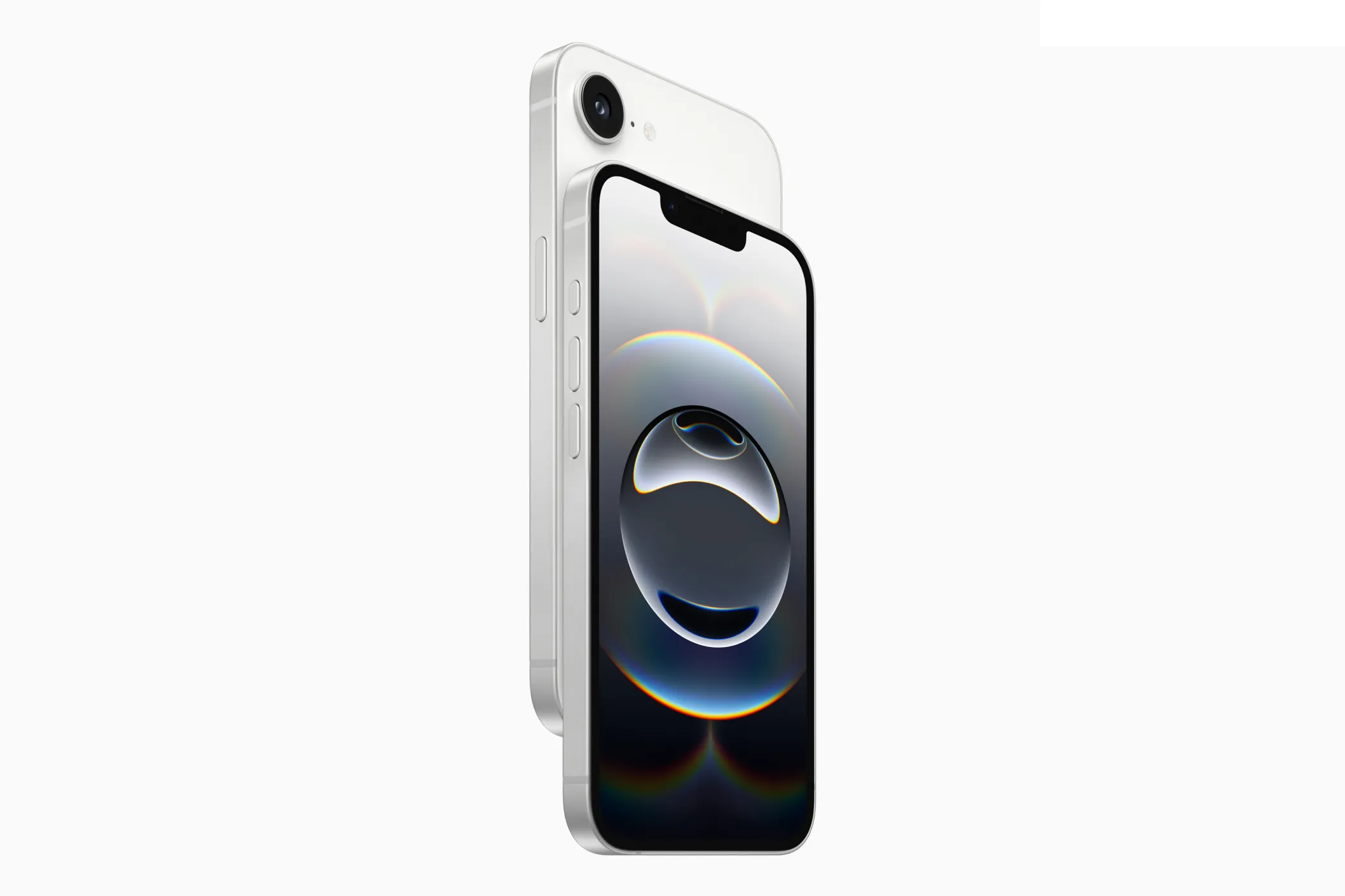 Hình ảnh sản phẩm iPhone 16e màu trắng hiển thị thiết kế màn hình &quot;tai thỏ&quot; đặc trưng