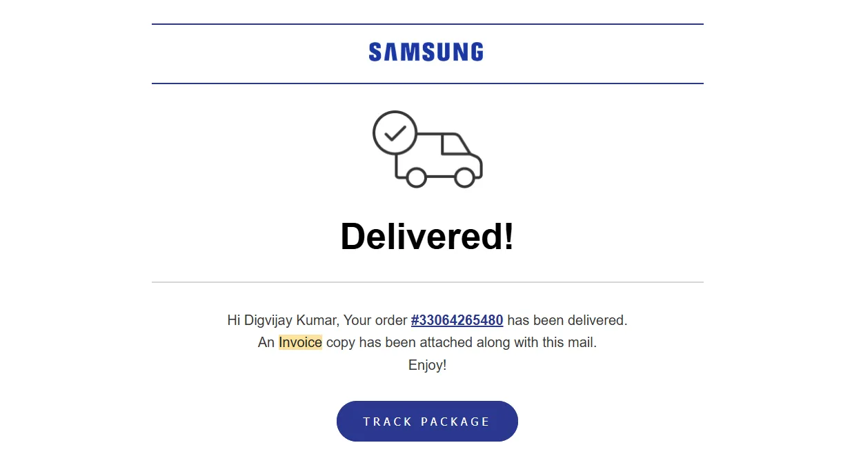 Hóa đơn email xác nhận đơn hàng Samsung hiển thị thông tin IMEI