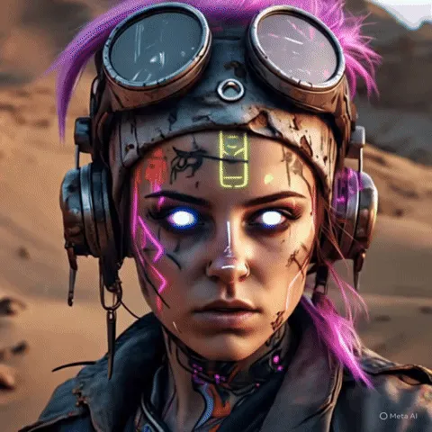 Hoạt ảnh GIF của một phụ nữ cyberpunk trong sa mạc rỉ sét