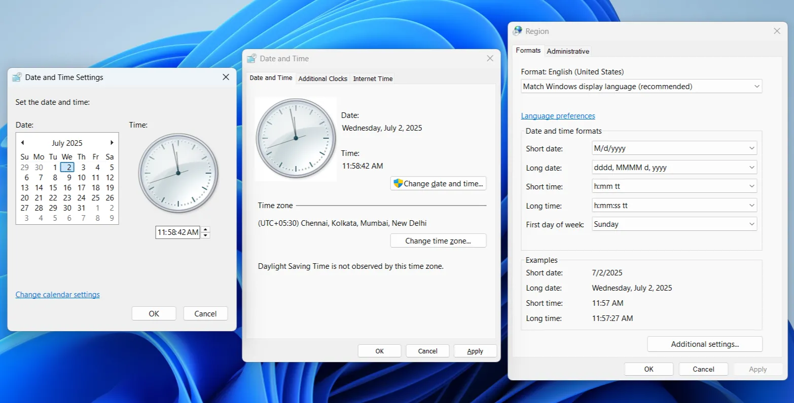 Hộp thoại cài đặt ngày và giờ cổ điển trên Windows, cho phép điều chỉnh múi giờ và định dạng thời gian