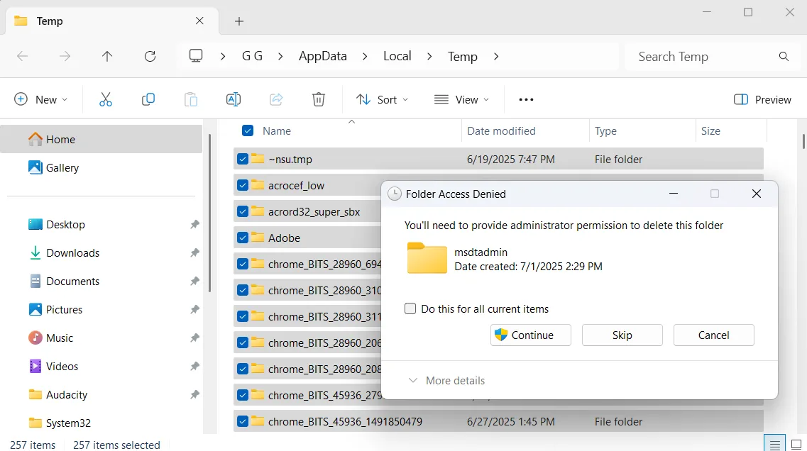 Hộp thoại cảnh báo khi xóa tệp trong thư mục Temp của Windows