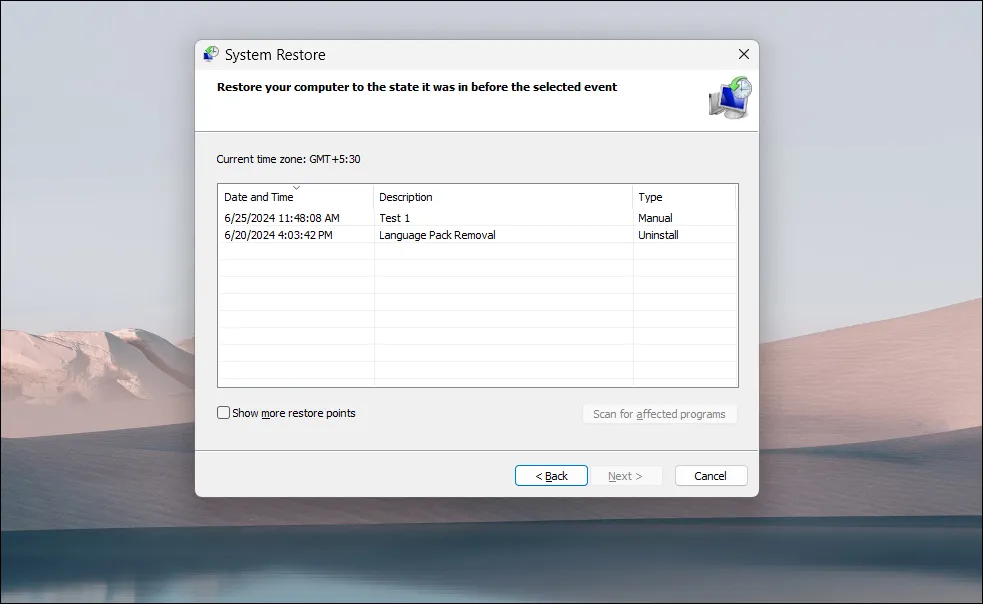 Hộp thoại hiển thị các điểm khôi phục hệ thống trong Windows 11