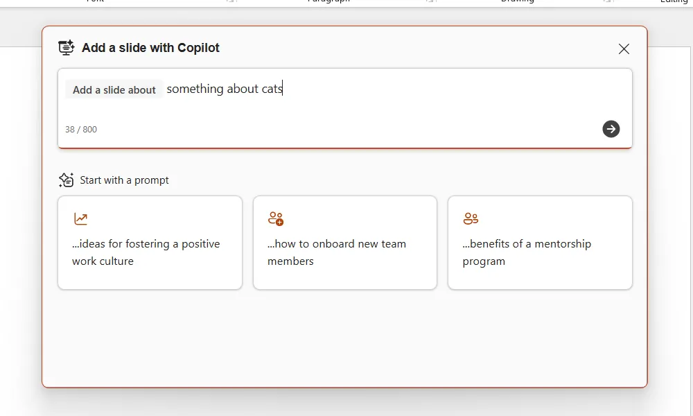 Hộp thoại nhập yêu cầu cho Copilot để tạo slide trong PowerPoint.