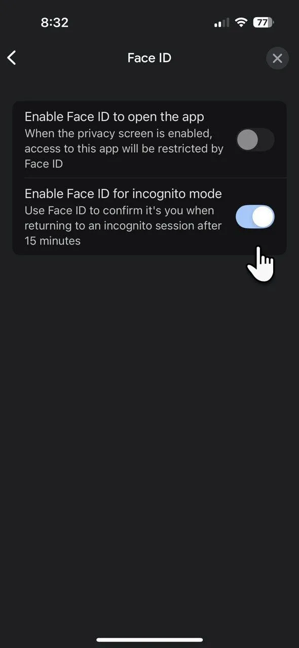 Hướng dẫn cài đặt bảo mật Face ID cho ứng dụng Google trên iPhone, bao gồm tùy chọn khóa chế độ ẩn danh hoặc toàn bộ ứng dụng.
