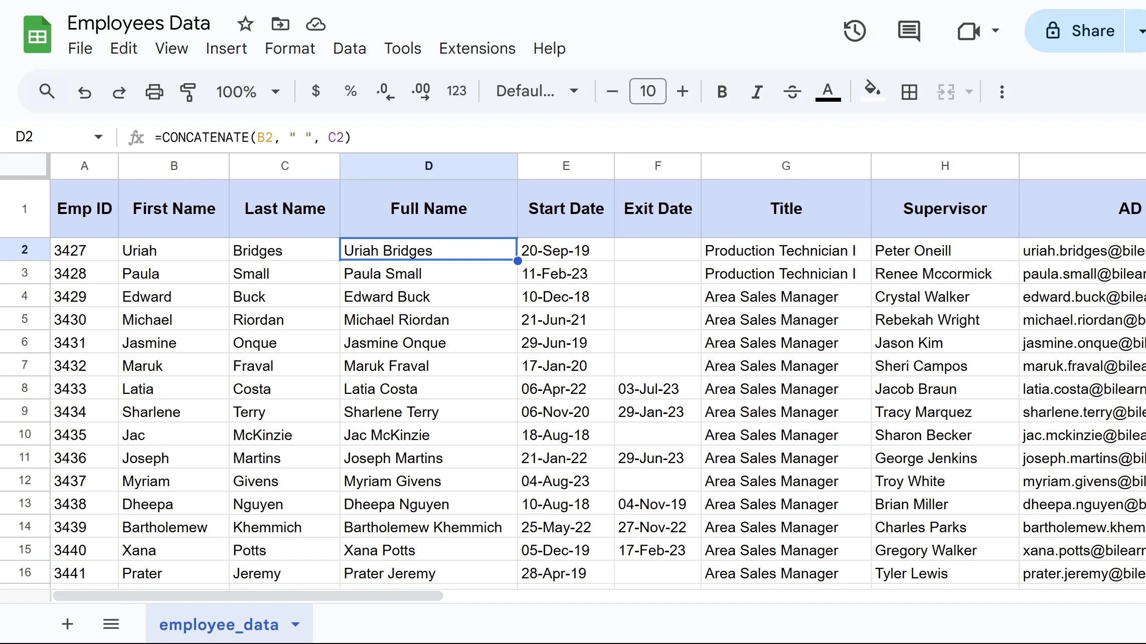 Kết quả của hàm CONCATENATE khi nối văn bản trong Google Sheets