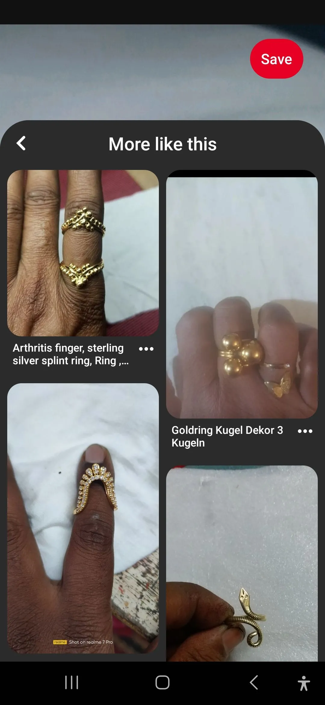 Kết quả hiển thị sau khi thực hiện tìm kiếm bằng hình ảnh trên Pinterest, đề xuất các sản phẩm và thiết kế tương tự.