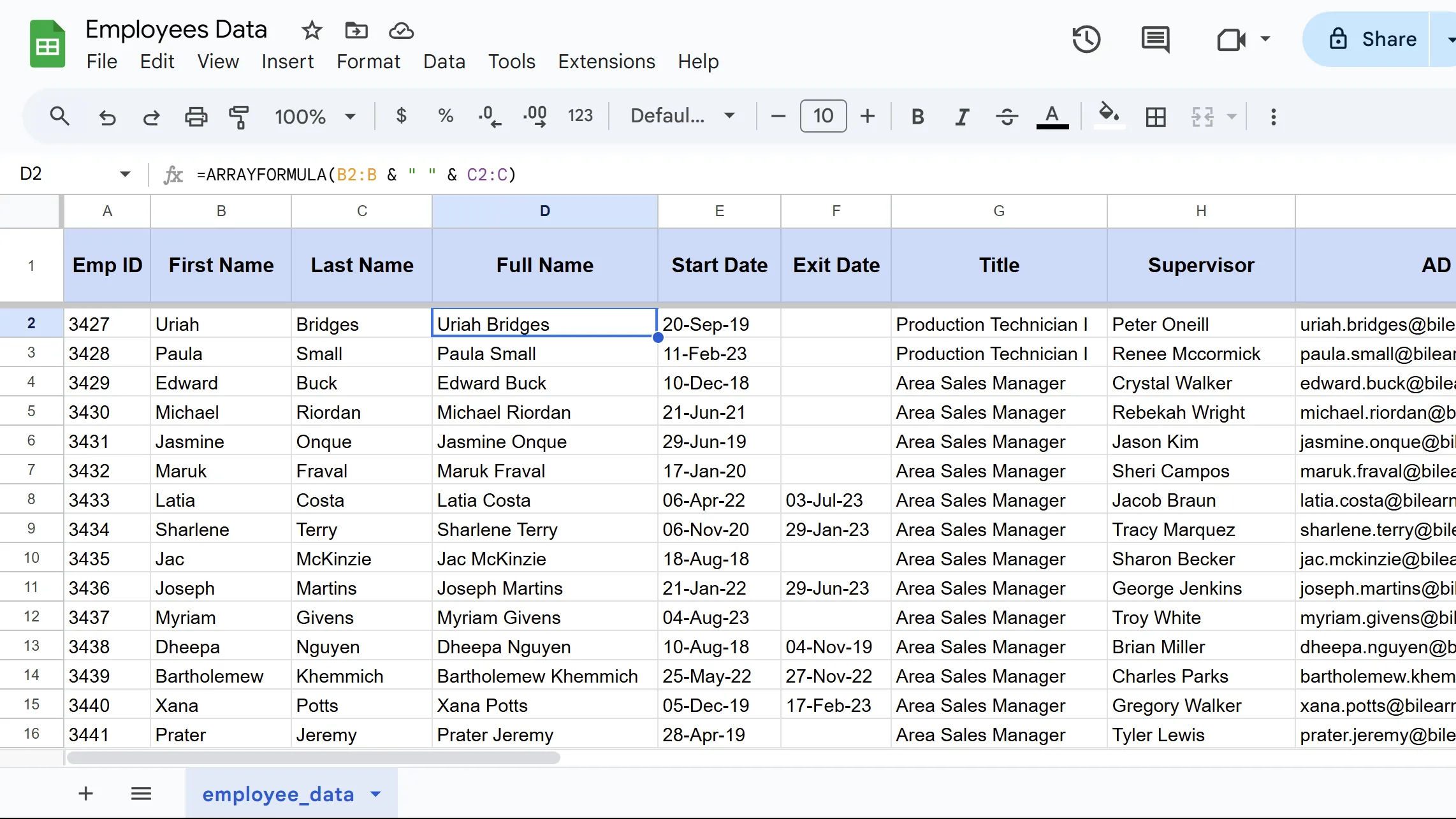 Kết quả minh họa hàm ARRAYFORMULA khi áp dụng công thức trên một dải ô trong Google Sheets
