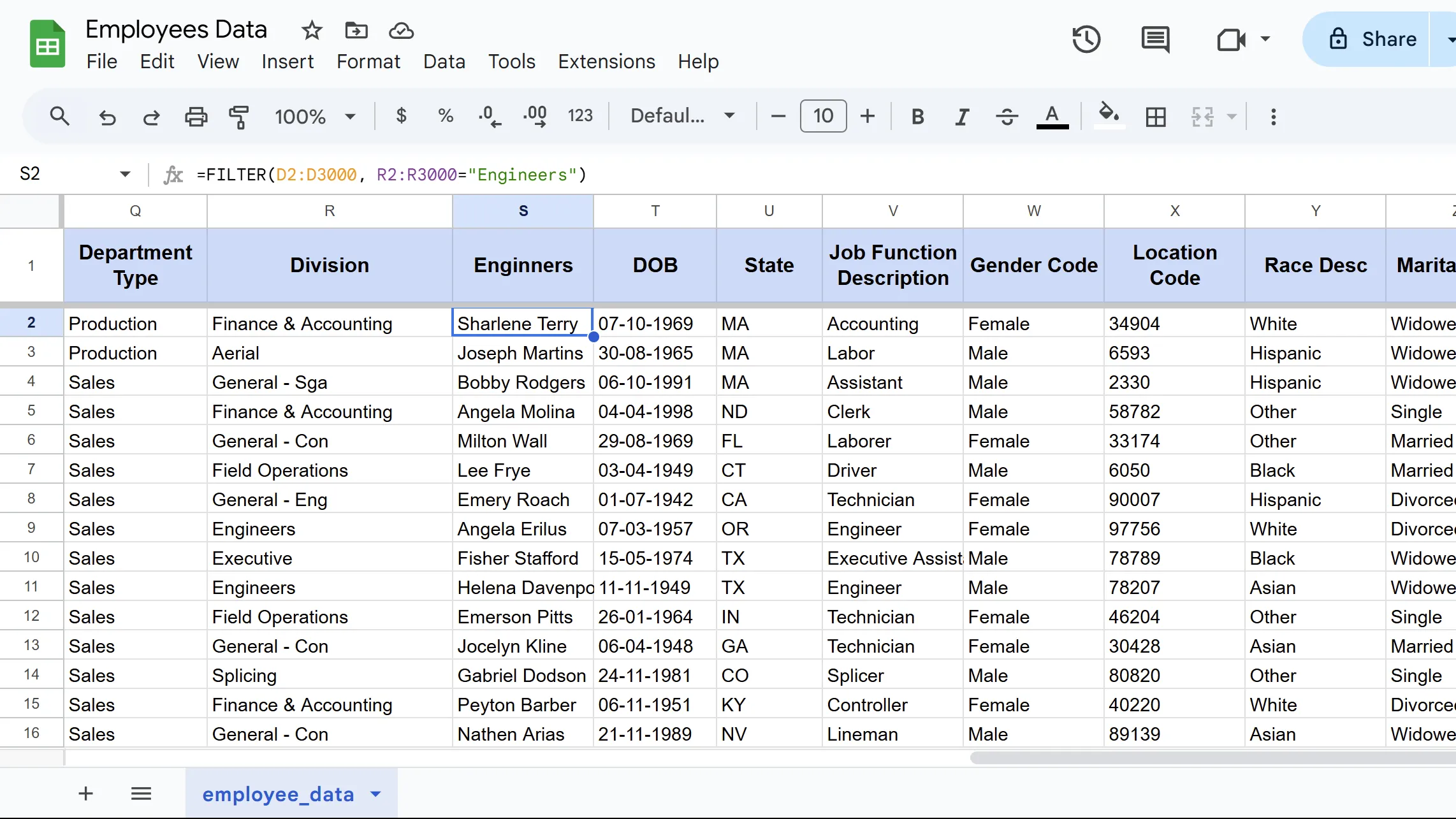 Kết quả minh họa hàm FILTER trong Google Sheets khi lọc dữ liệu nhân viên theo phòng ban