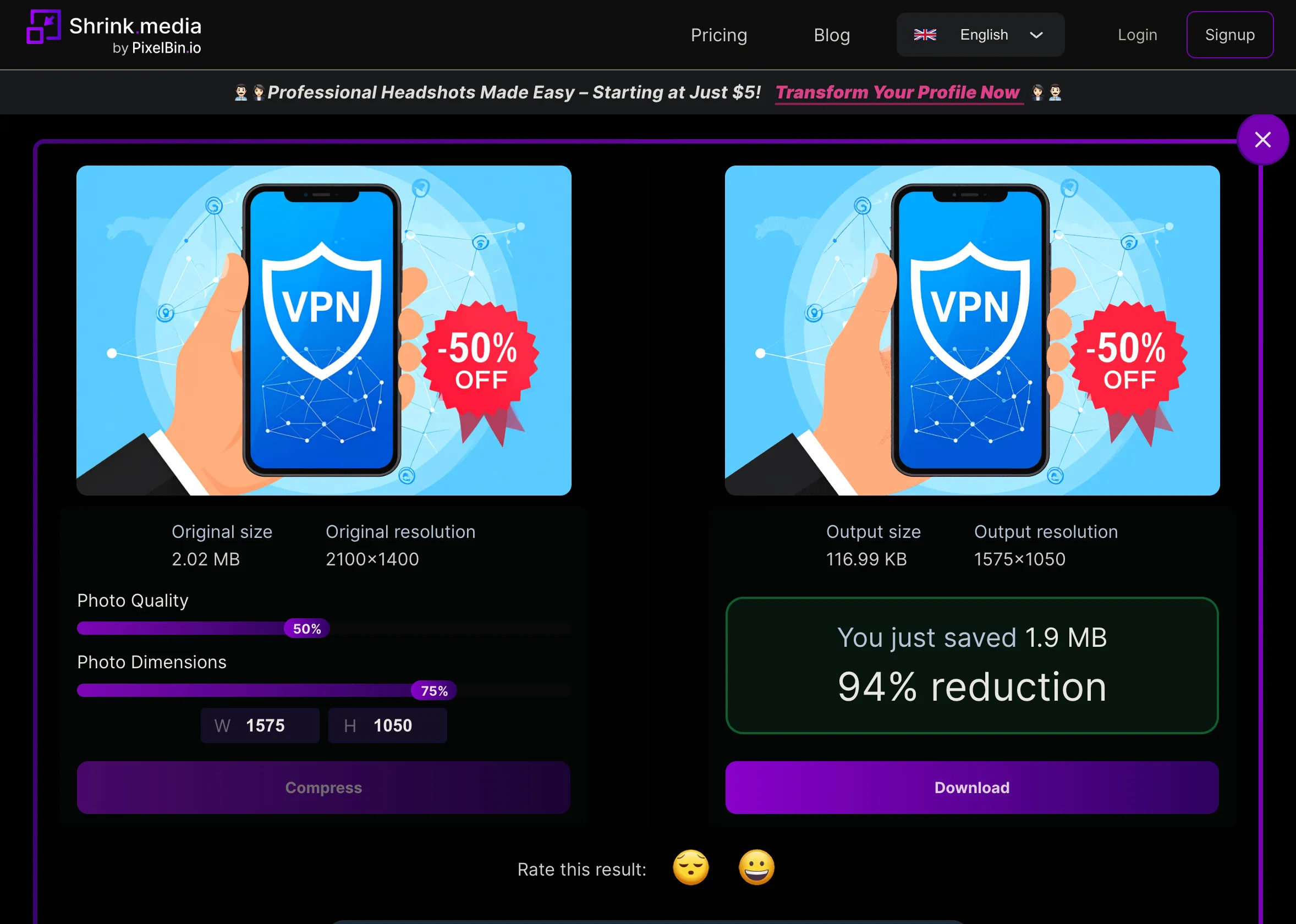 Kết quả nén ảnh trên Shrink.media hiển thị hình ảnh gốc và ảnh đã nén cùng với tùy chọn điều chỉnh chất lượng và kích thước.