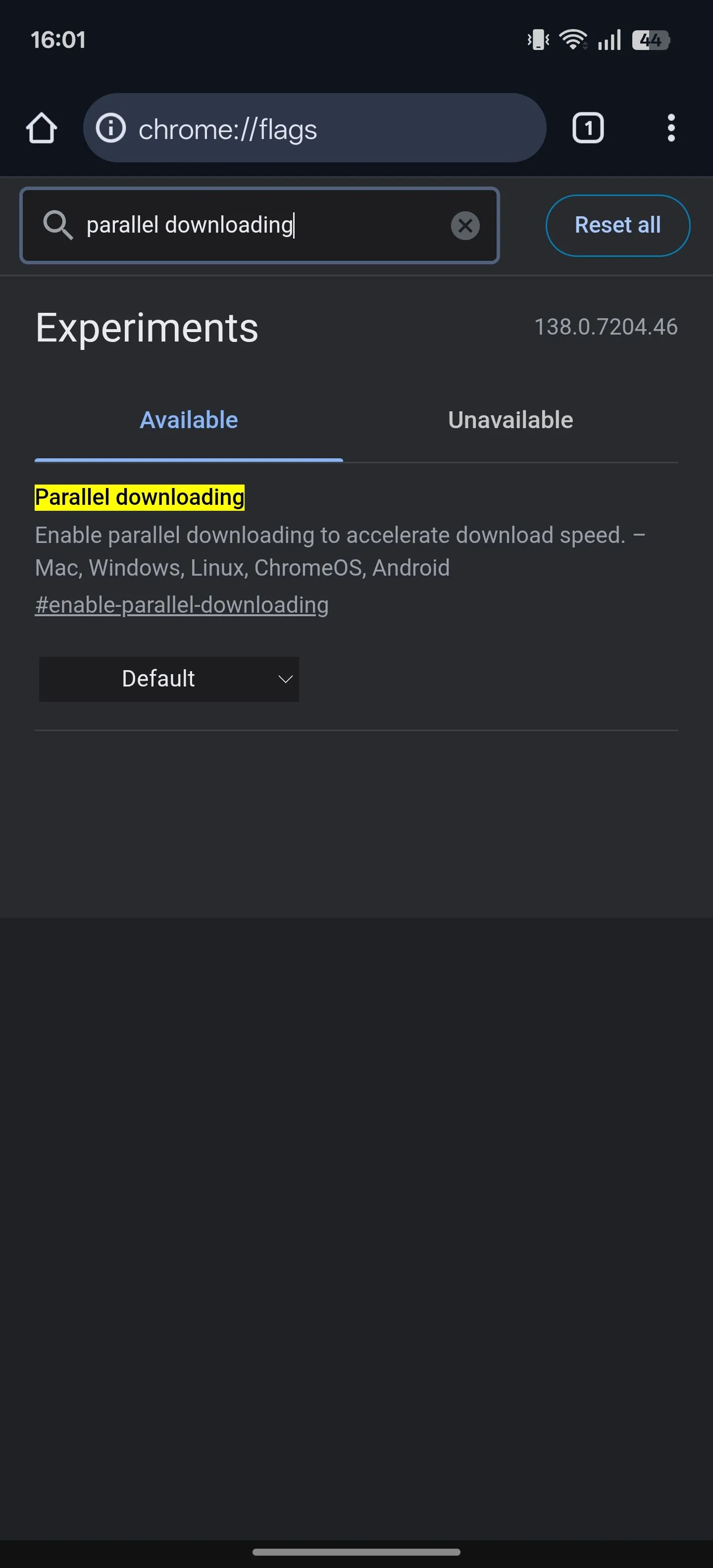 Kết quả tìm kiếm cho cờ &quot;Parallel downloading&quot; trên trang chrome://flags trong Chrome Android.