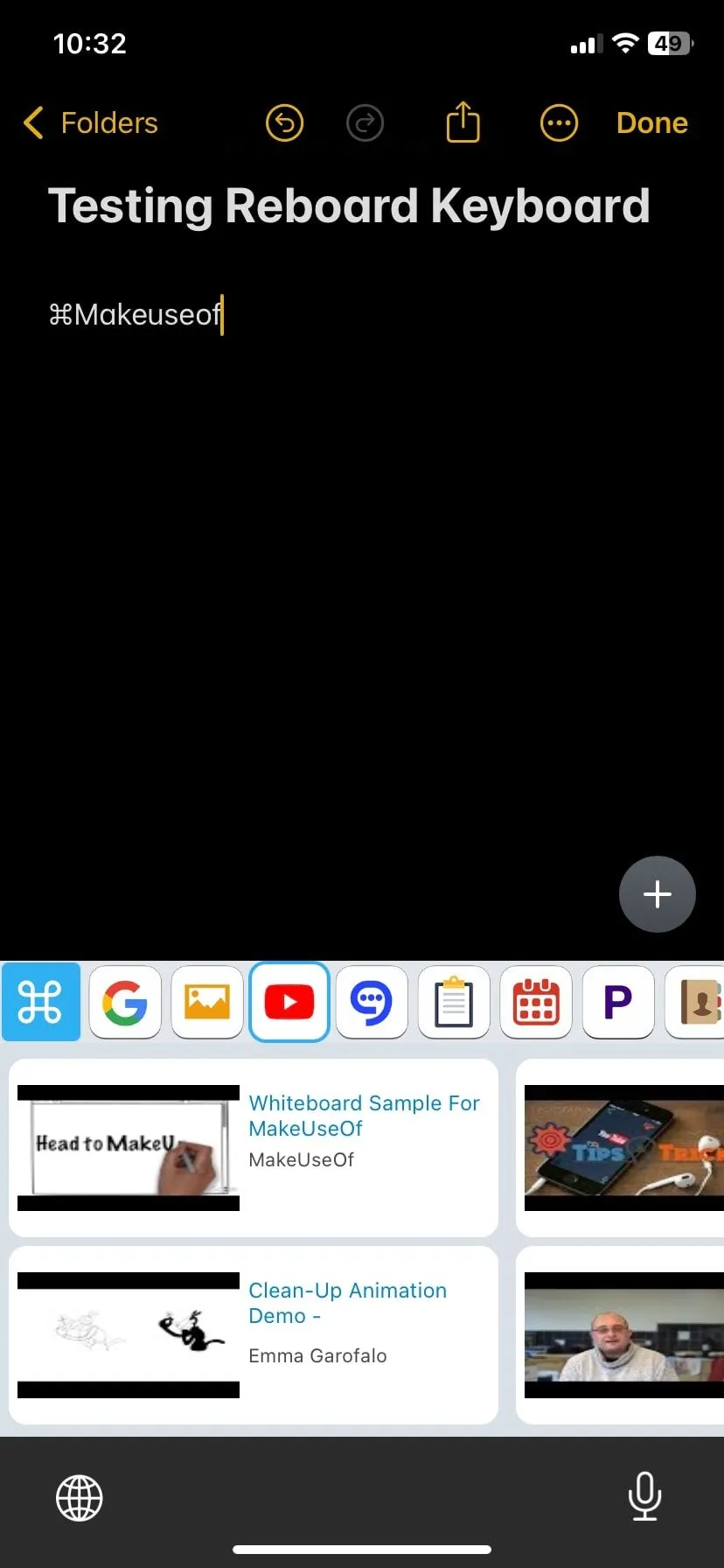Kết quả tìm kiếm YouTube được hiển thị trực tiếp trên bàn phím ReBoard