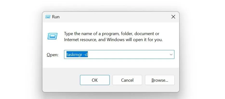 Khởi chạy Trình quản lý tác vụ cổ điển từ tiện ích Run trên Windows.