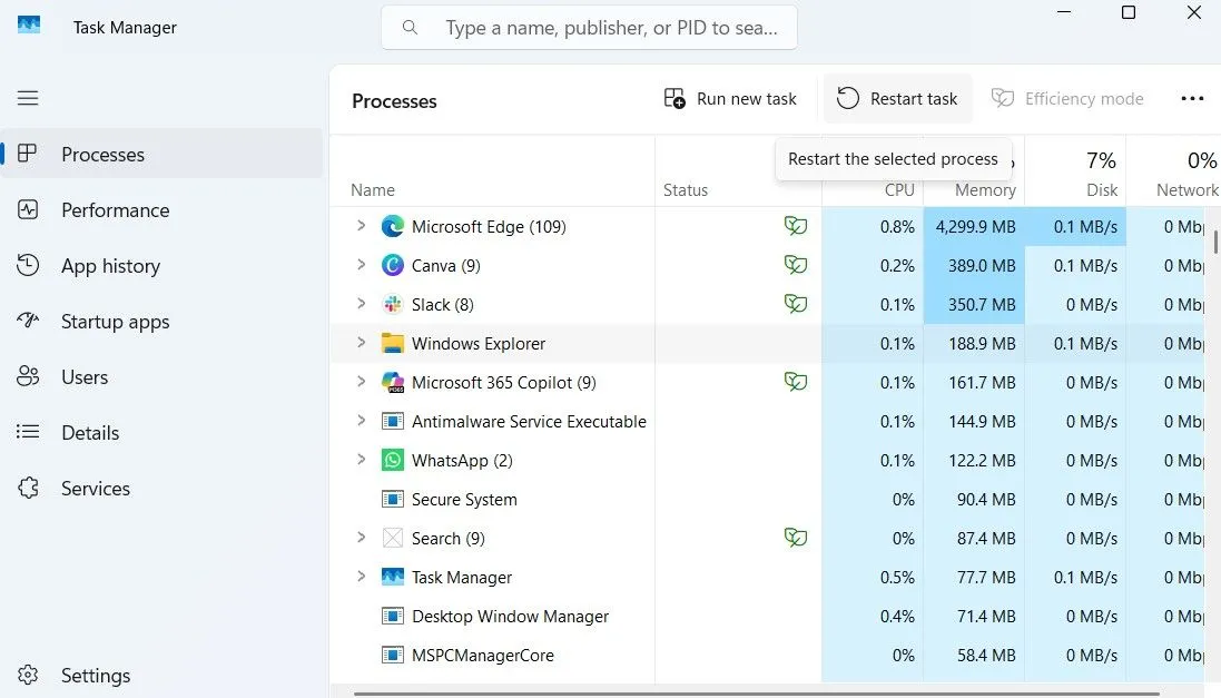 Khởi động lại Windows Explorer trong Task Manager