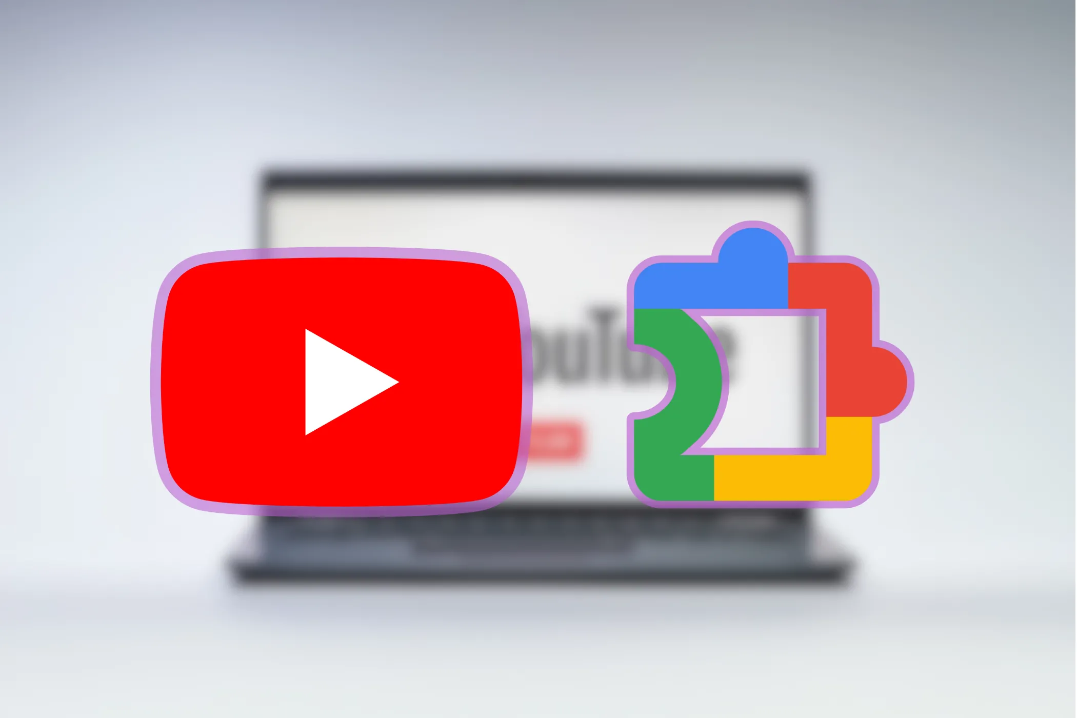 Logo YouTube và biểu tượng tiện ích mở rộng Chrome đặt cạnh nhau trên hình nền có máy tính xách tay, biểu trưng cho sự kết hợp giữa YouTube và các tiện ích trình duyệt