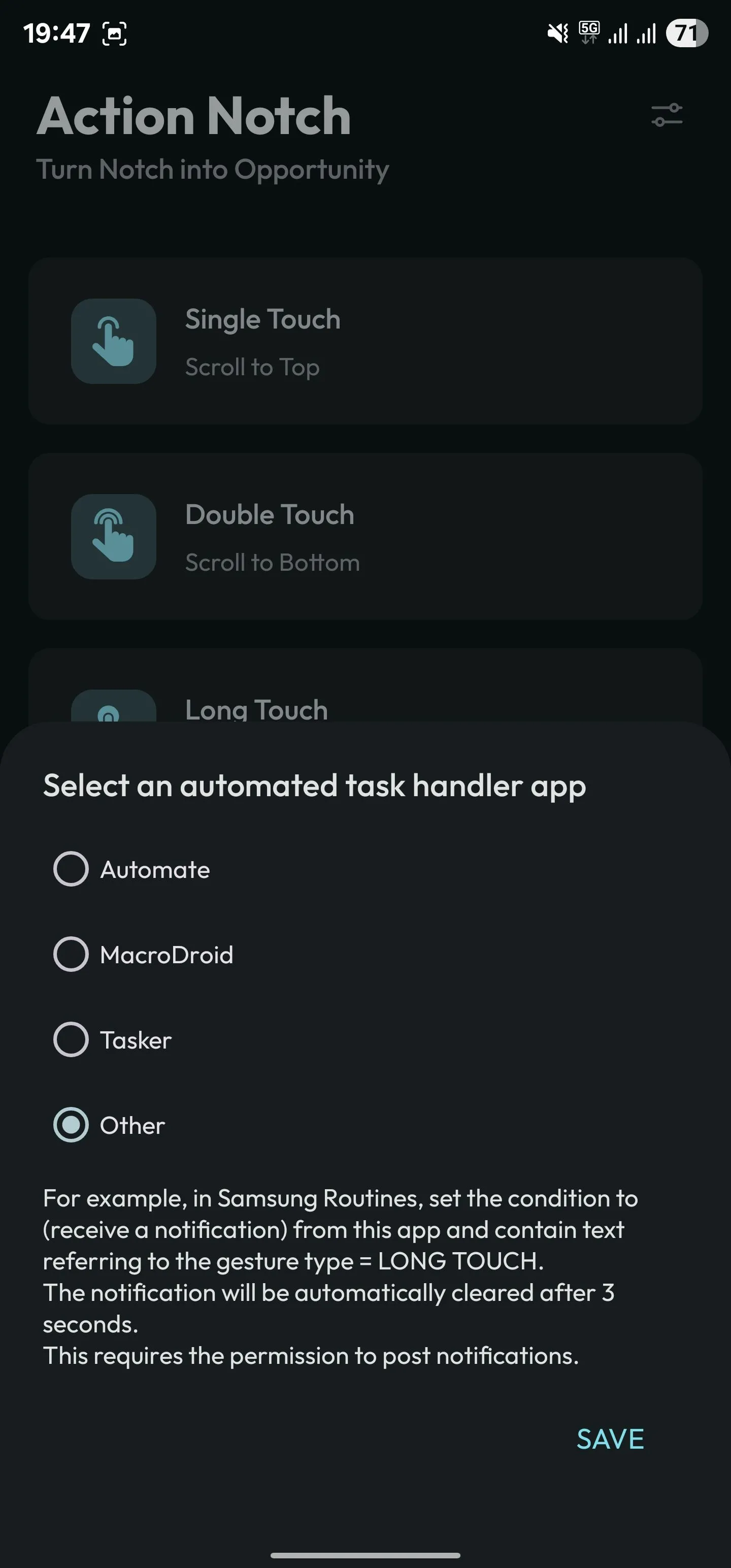 Lựa chọn mục &quot;Other&quot; trong tùy chọn kích hoạt tác vụ tự động của Action Notch, cho phép người dùng chạy các Routine tùy chỉnh trên điện thoại Samsung Galaxy.
