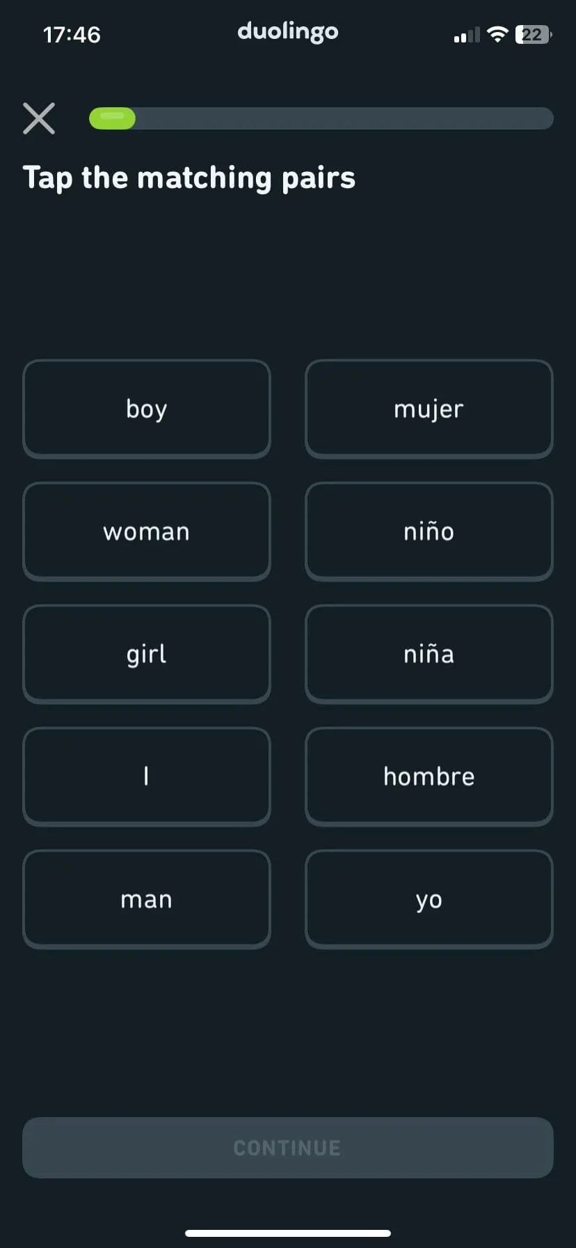Màn hình bài học của Duolingo với các bài tập từ vựng và ngữ pháp