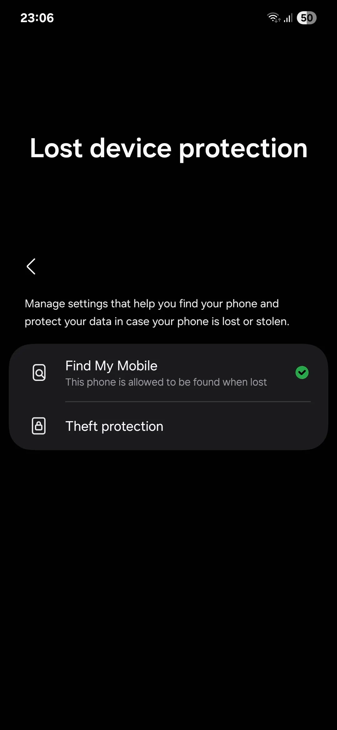 Màn hình cài đặt Bảo vệ thiết bị thất lạc trên Samsung Android