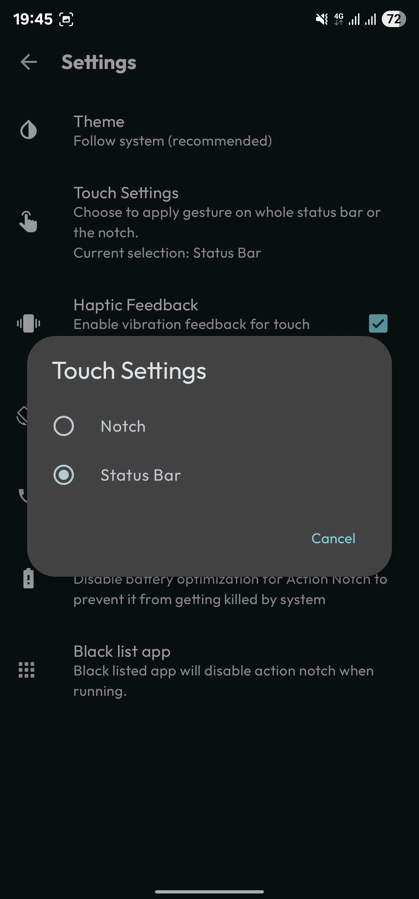Màn hình cài đặt của Action Notch cho phép thay đổi vùng tương tác của nút bấm ảo từ notch sang toàn bộ thanh trạng thái.