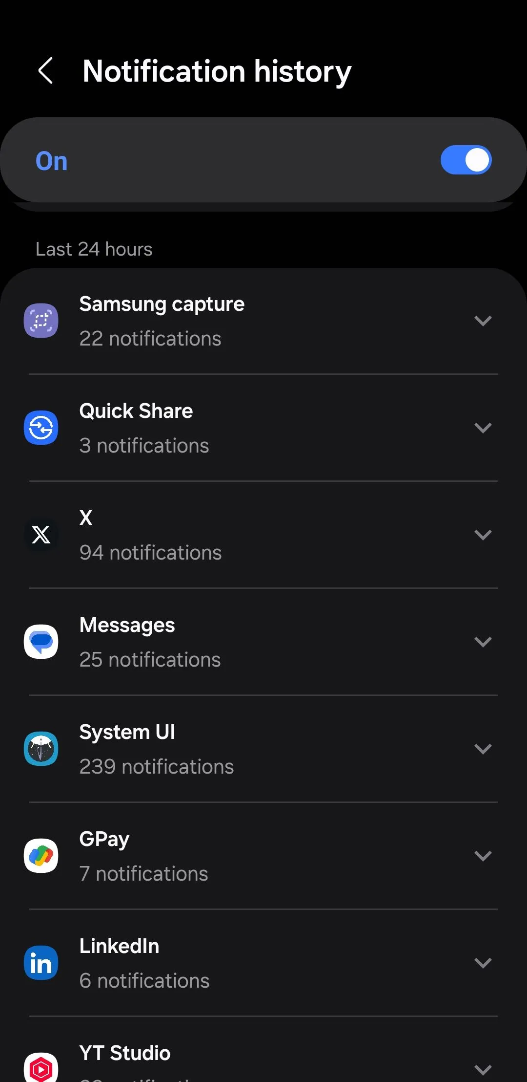 Màn hình cài đặt Lịch sử thông báo (Notification History) trên Android, hiển thị các thông báo đã nhận và bị xóa, giúp người dùng không bỏ lỡ thông tin quan trọng.