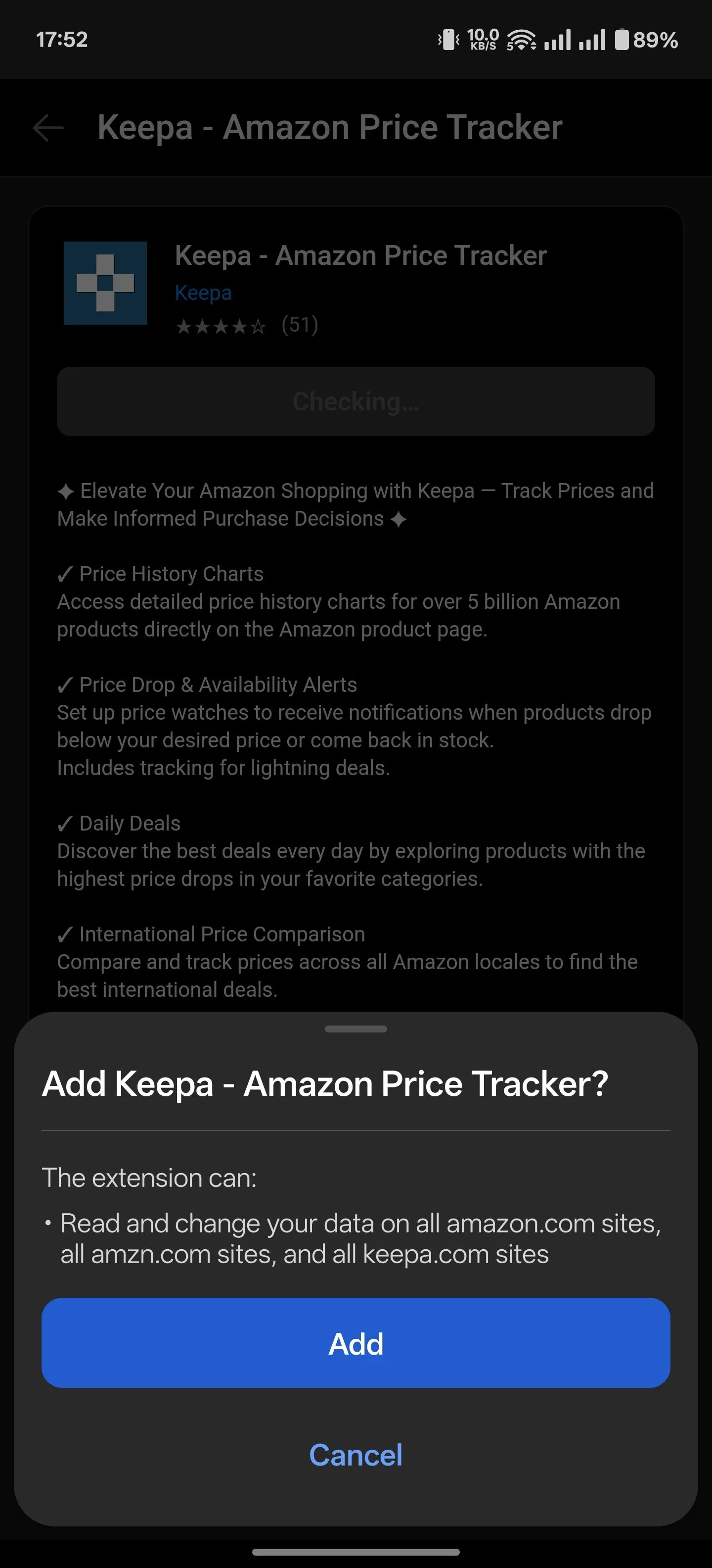 Màn hình cài đặt tiện ích mở rộng Dark Reader trong trình duyệt Edge trên Android