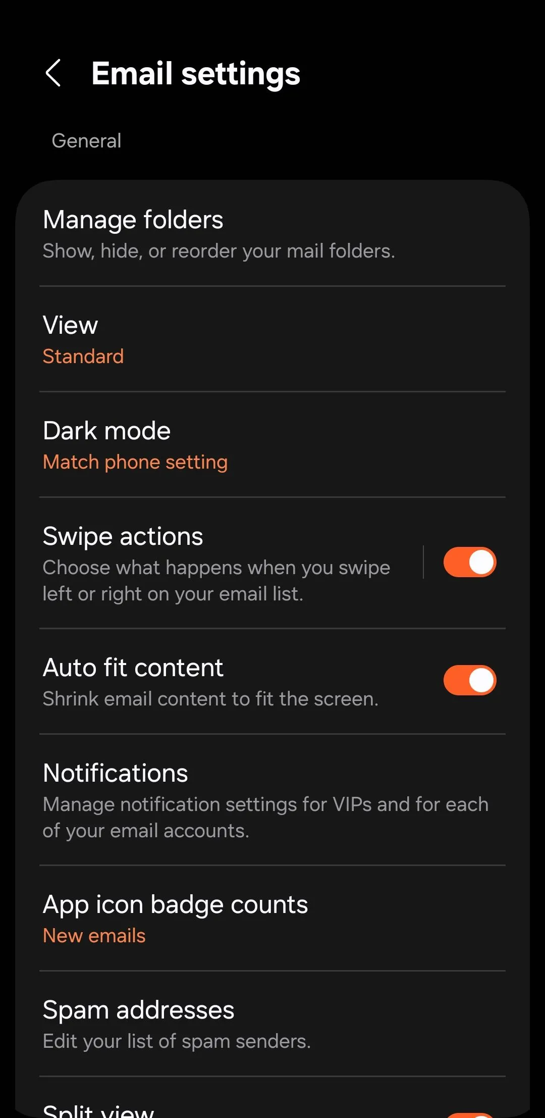 Màn hình cài đặt ứng dụng Samsung Email trên điện thoại Galaxy, hiển thị các tùy chọn cấu hình tài khoản và bảo mật