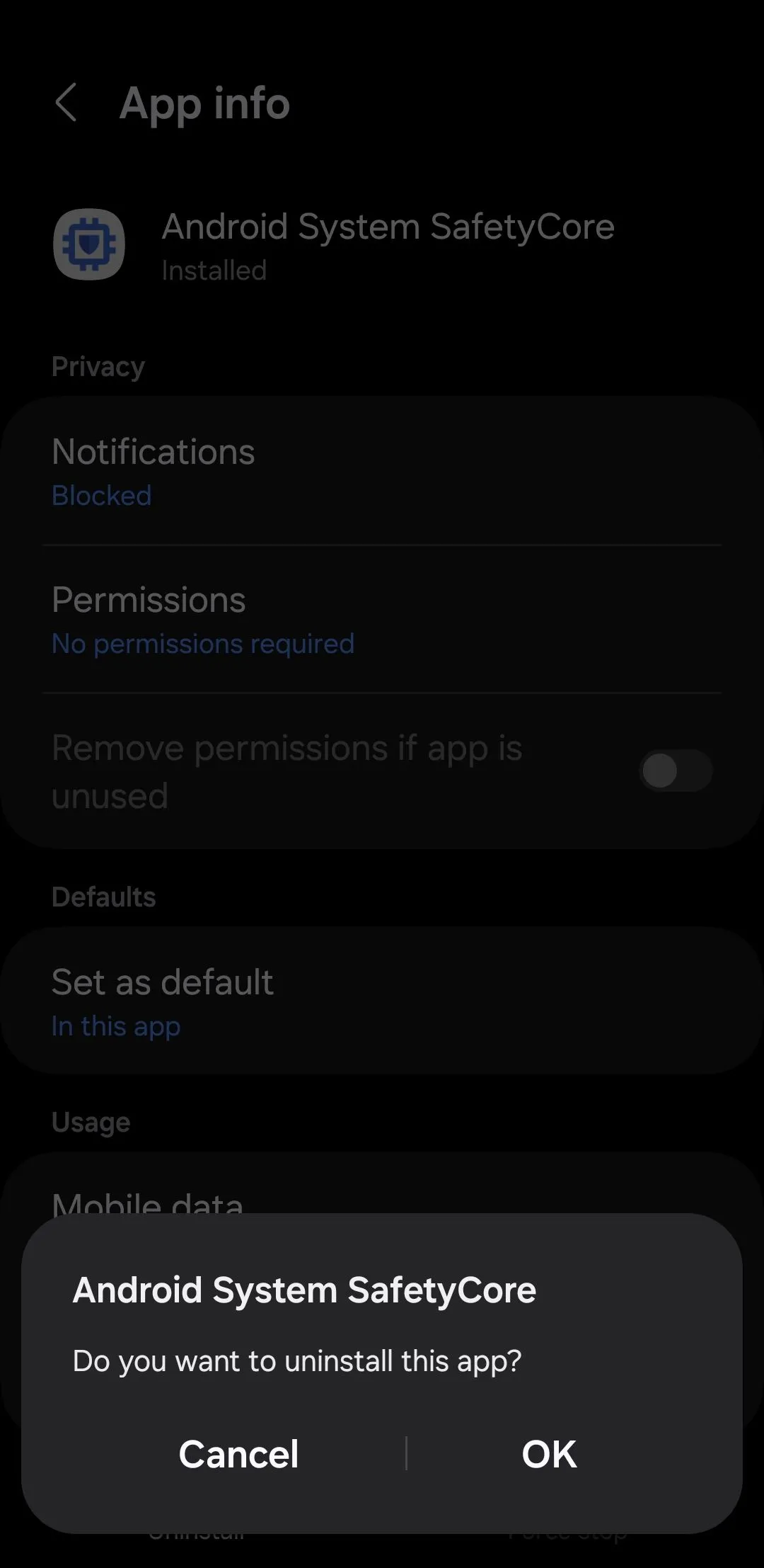 Màn hình chi tiết ứng dụng Android System SafetyCore với tùy chọn Gỡ cài đặt trên thiết bị Android