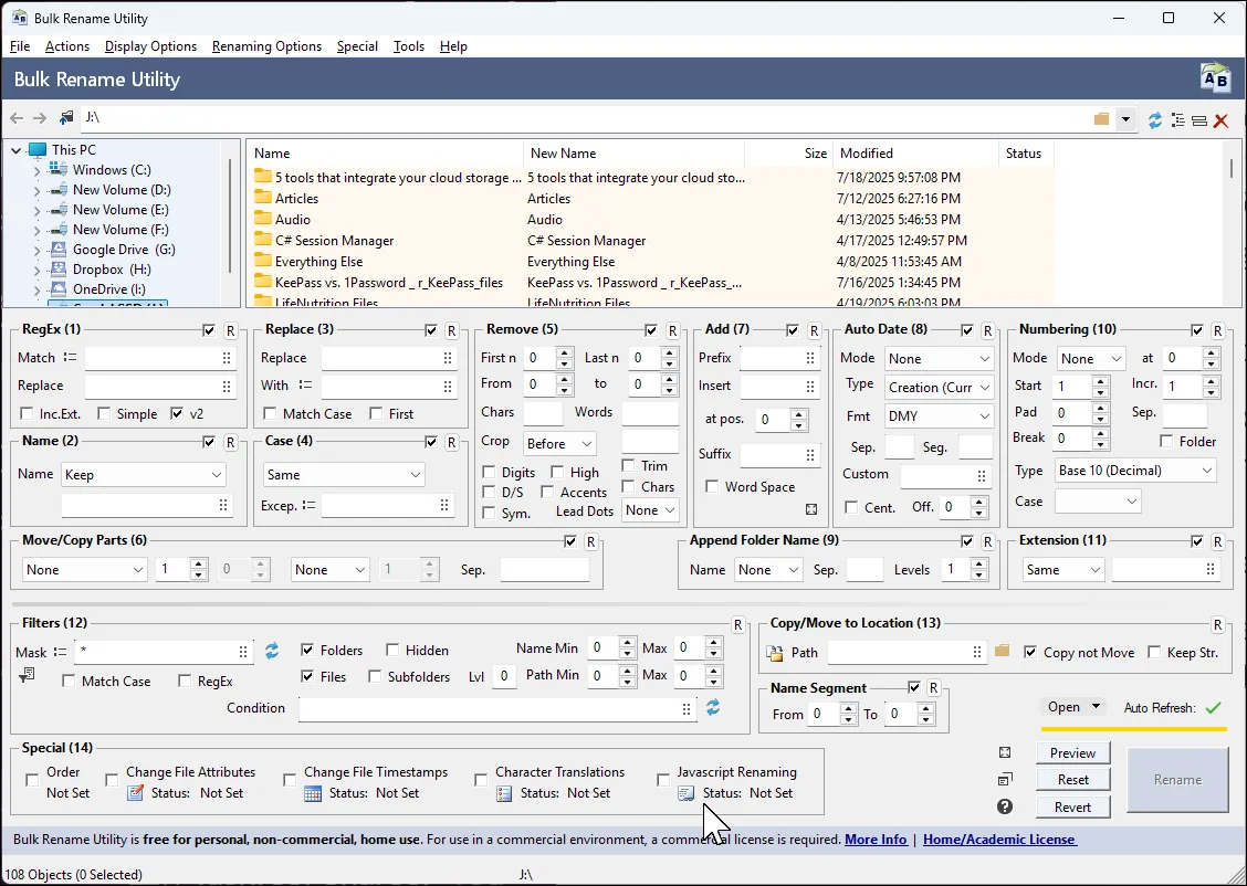 Màn hình chính của Bulk Rename Utility, hiển thị nhiều tùy chọn để đổi tên hàng loạt các tệp tin và thư mục một cách chuyên nghiệp.