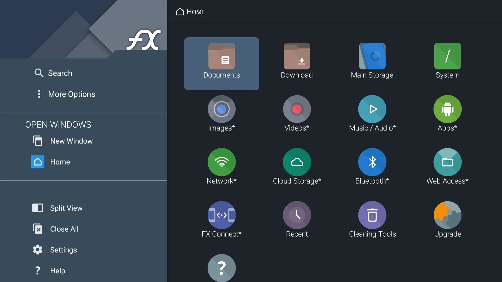 Màn hình chính của ứng dụng quản lý tệp tin FX File Explorer trên Google TV, minh họa khả năng duyệt và sắp xếp các tệp tin lưu trữ trên Smart TV và thiết bị USB.