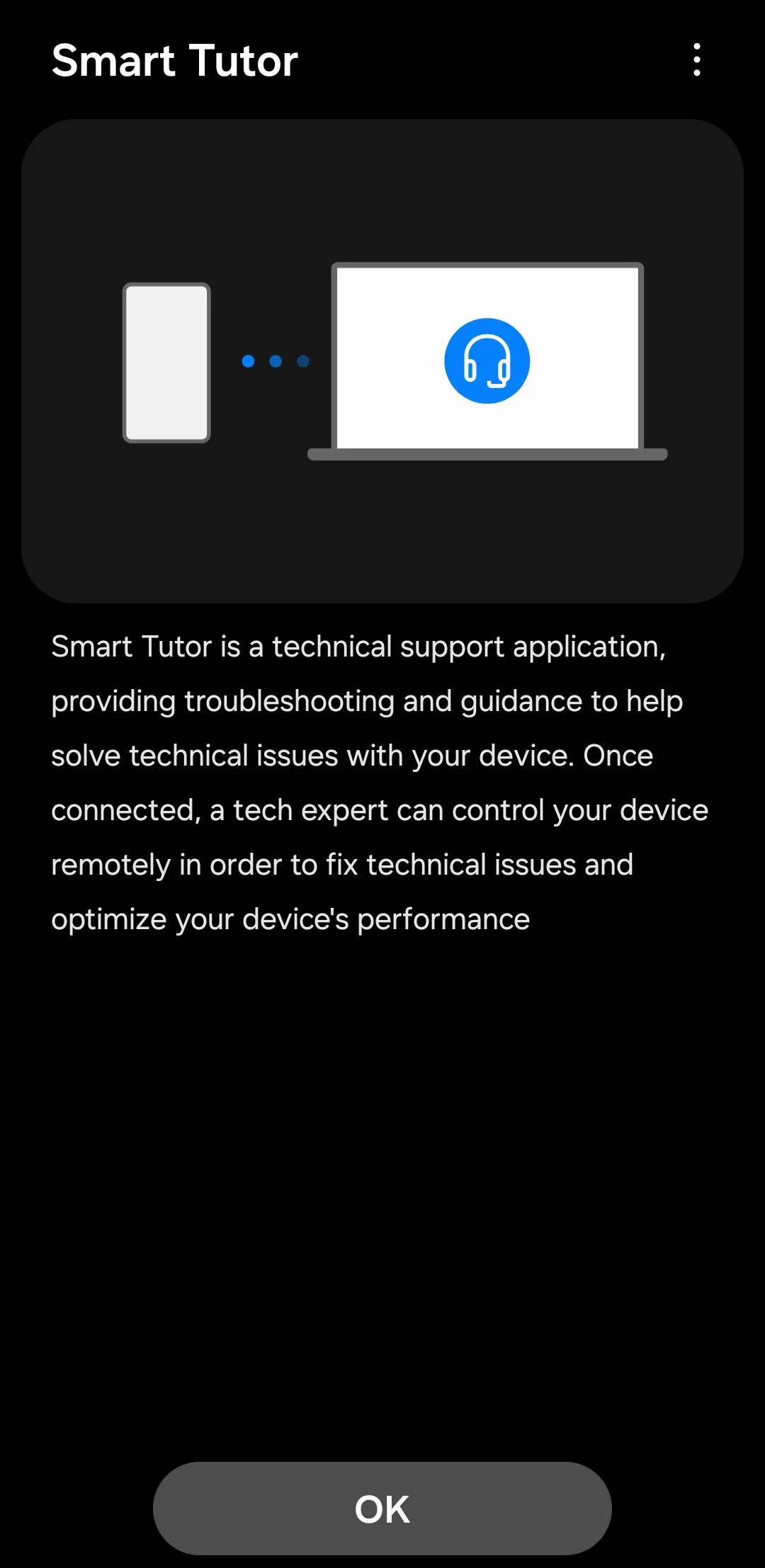 Màn hình chính của ứng dụng Smart Tutor trên điện thoại Galaxy, hiển thị hướng dẫn sử dụng và kết nối hỗ trợ từ xa