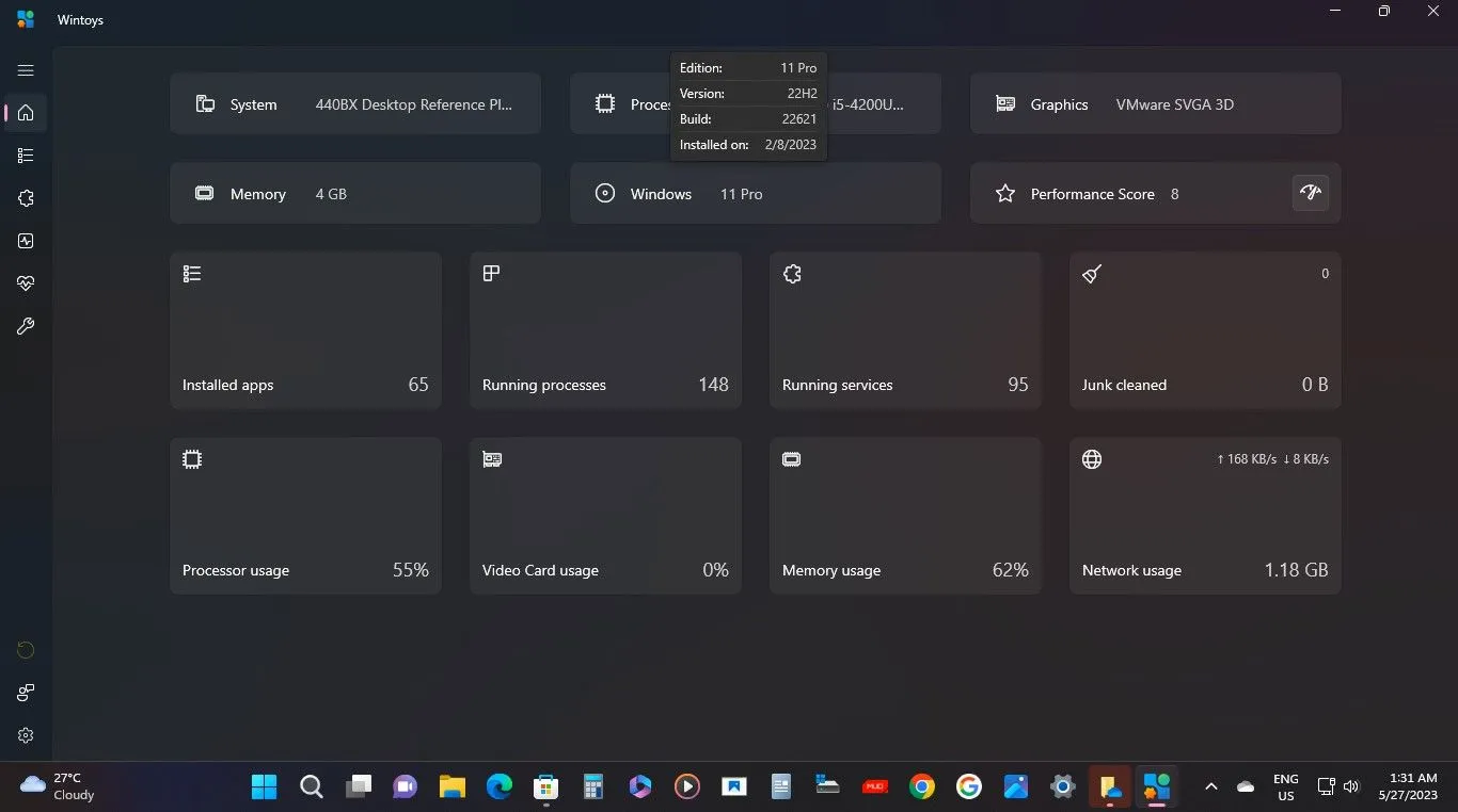 Màn hình chính của WinToys hiển thị thông tin phần cứng và phần mềm, giúp tối ưu hệ thống Windows.