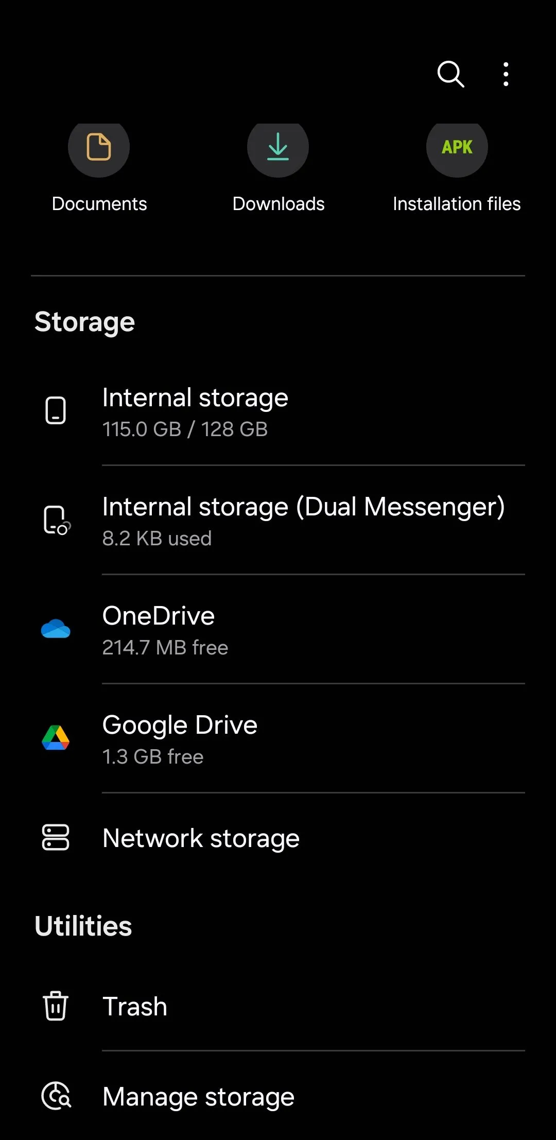 Màn hình chính ứng dụng Samsung Files, hiển thị các thư mục và tùy chọn quản lý tệp trên thiết bị Galaxy.