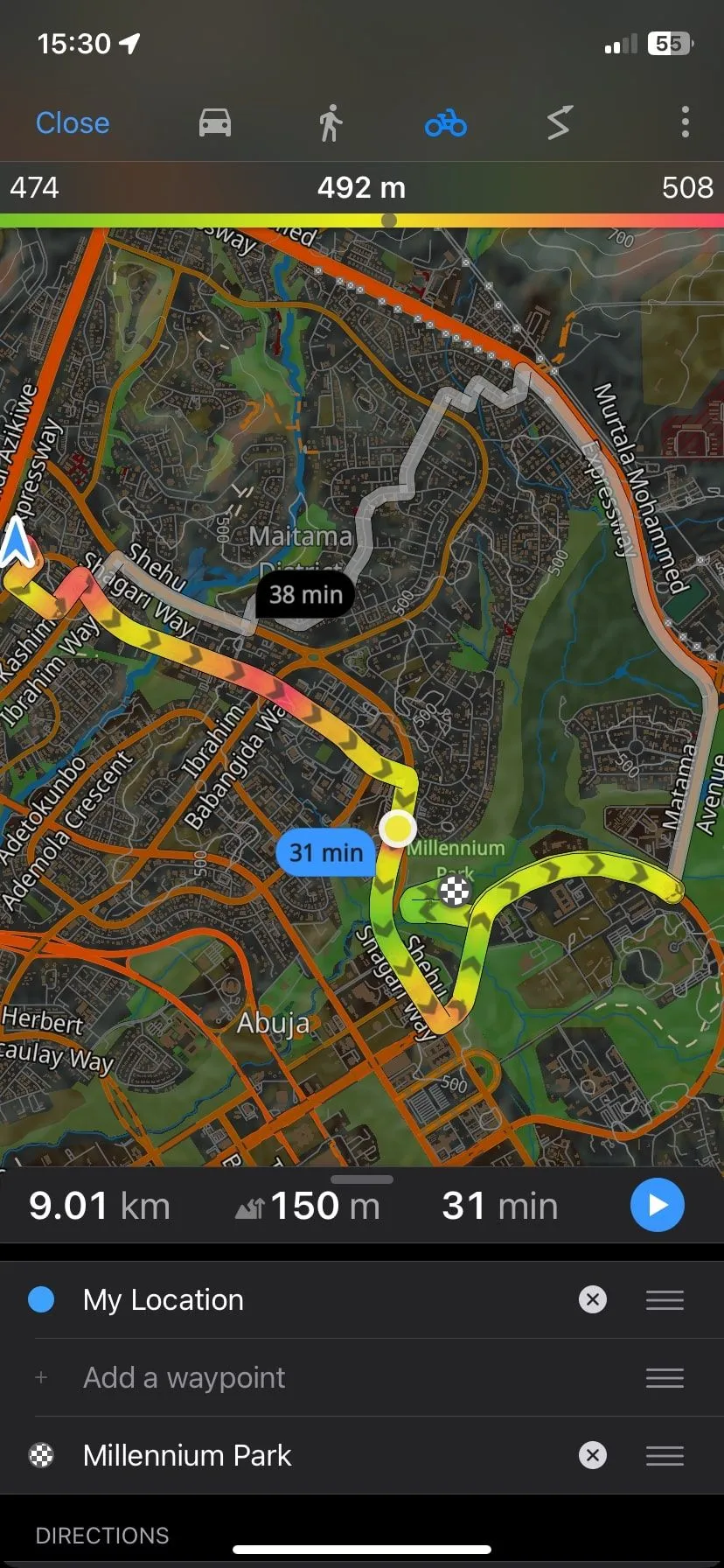 Màn hình dẫn đường cho xe đạp trên Guru Maps với bản đồ chi tiết