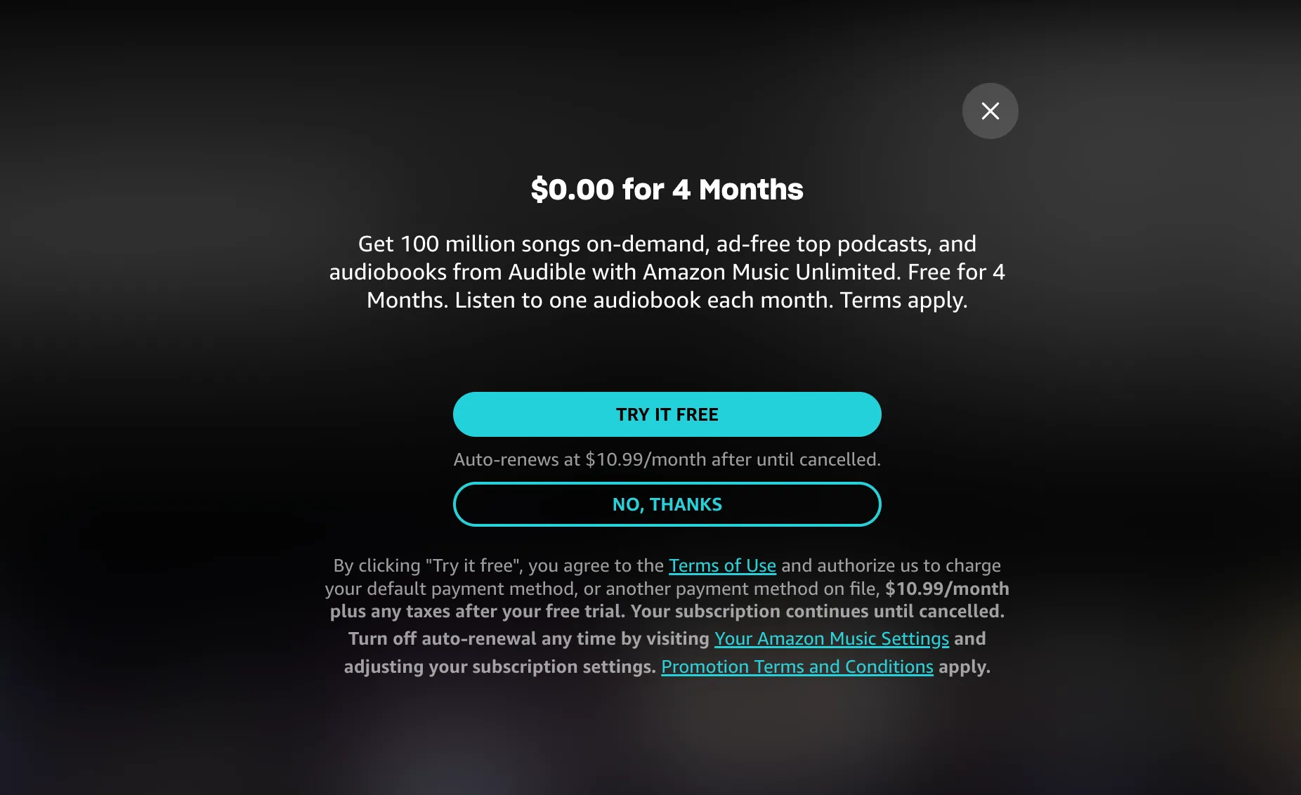 Màn hình đăng ký dùng thử miễn phí Amazon Music Unlimited hiển thị các gói và tính năng
