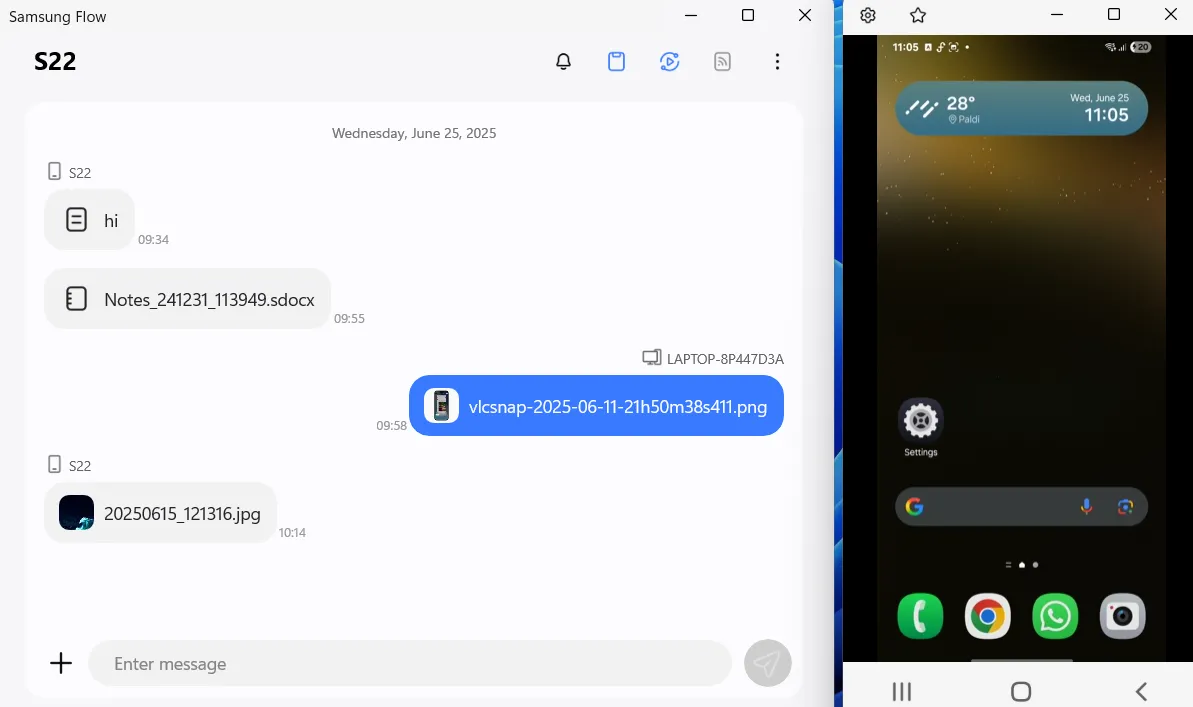 Màn hình điện thoại Galaxy được phản chiếu lên máy tính Windows thông qua tính năng Smart View của Samsung Flow.