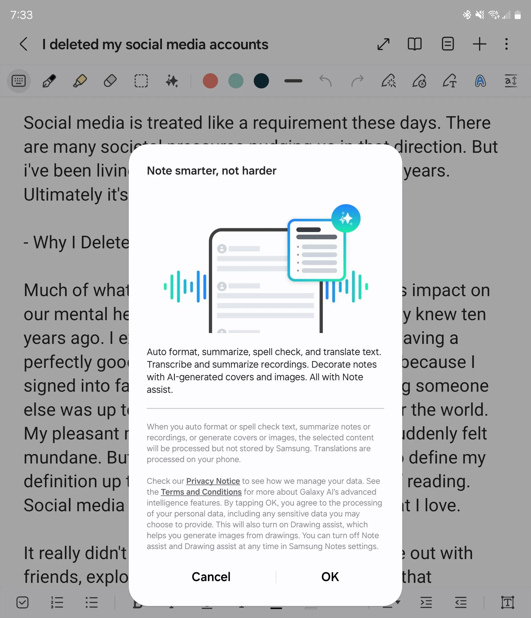 Màn hình giới thiệu Note Assist trong ứng dụng Samsung Notes