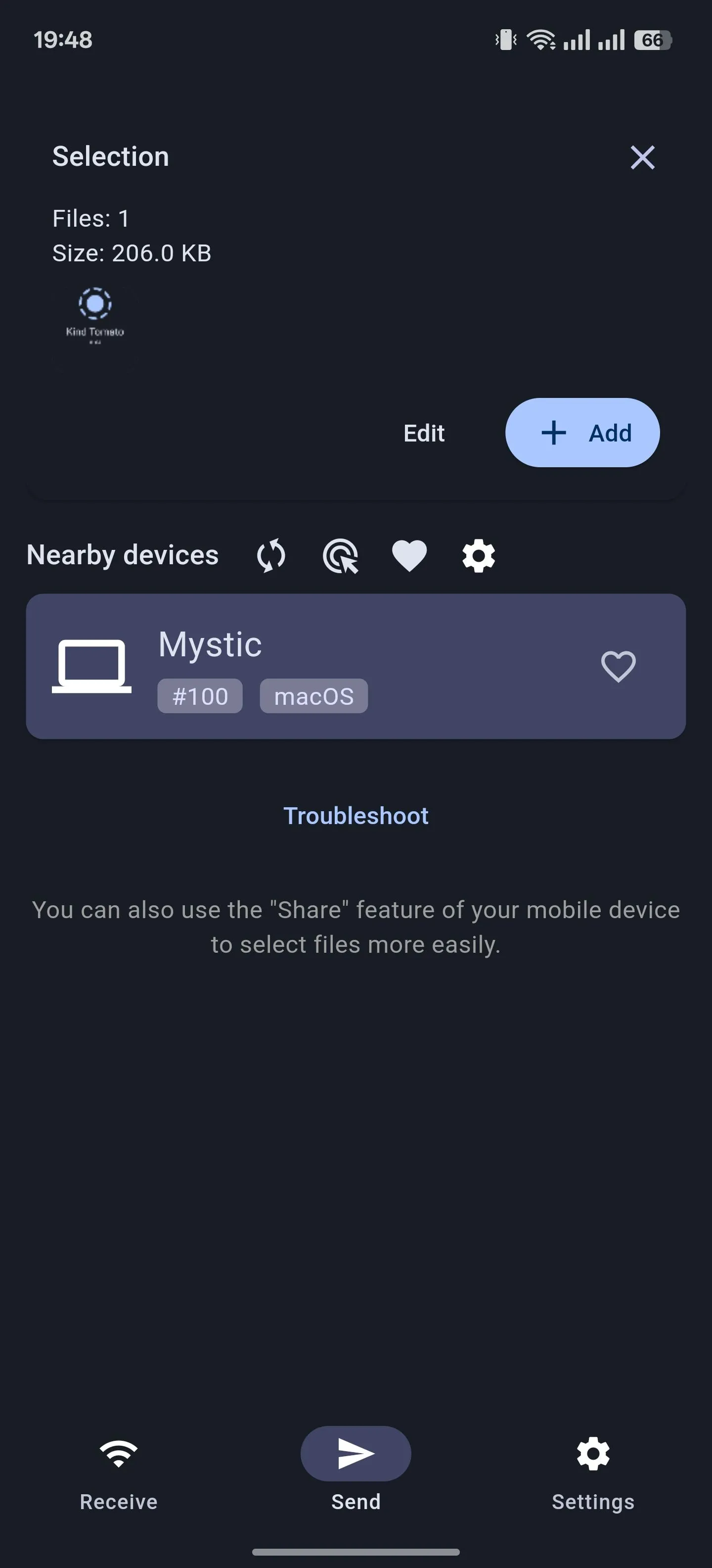 Màn hình gửi tệp trong ứng dụng LocalSend cho Android, hiển thị tùy chọn chia sẻ.
