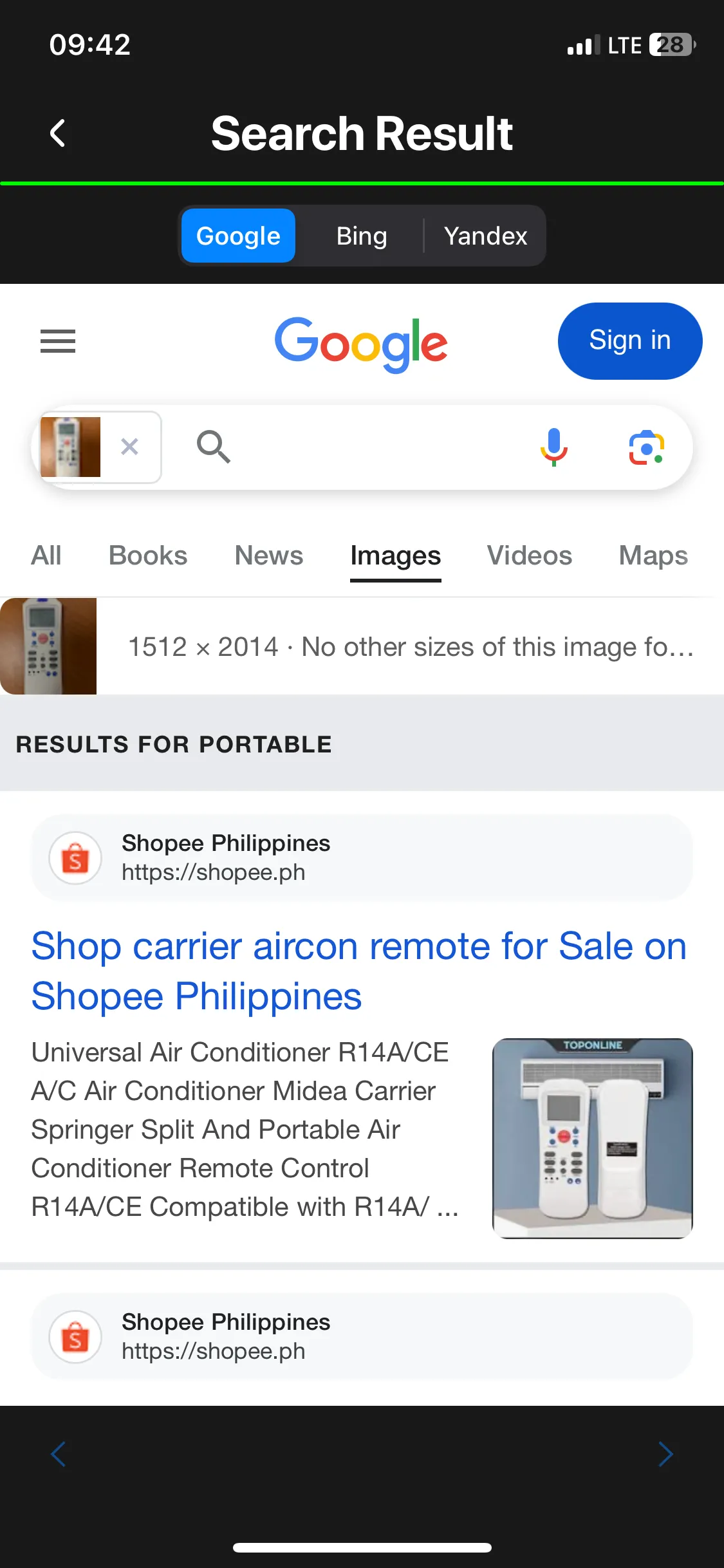 Màn hình hiển thị kết quả tìm kiếm hình ảnh ngược từ ứng dụng Image Recognition and Searcher, cung cấp các liên kết liên quan.