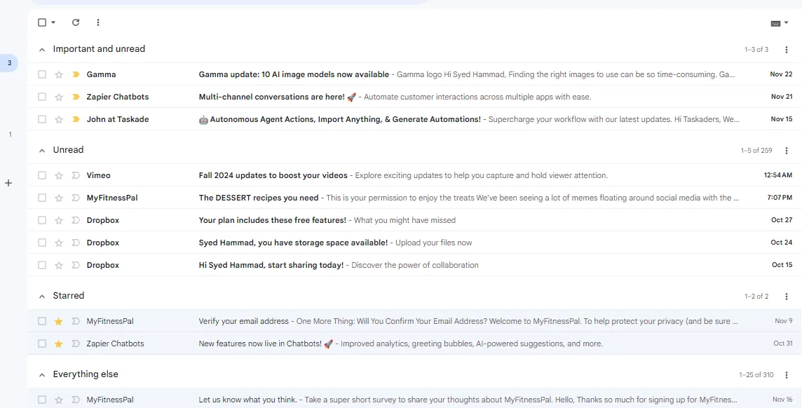 Màn hình hòm thư ưu tiên của Gmail, thể hiện khả năng phân loại email thành các tab như Chính, Xã hội và Quảng cáo để dễ dàng quản lý.