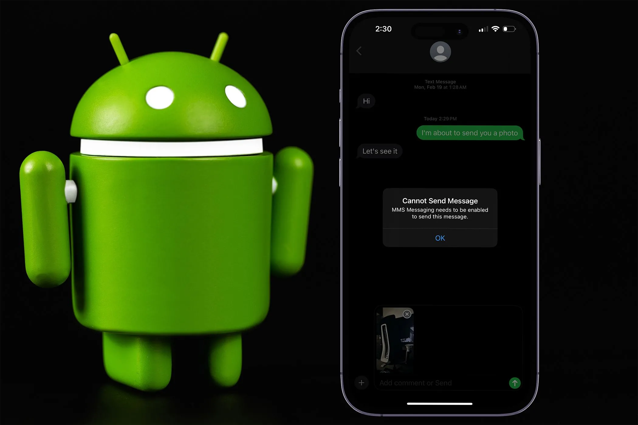 Màn hình iPhone hiển thị lỗi &quot;Cannot Send Message&quot; trong ứng dụng Tin nhắn cạnh biểu tượng Android, thể hiện vấn đề tương thích khi chuyển đổi nền tảng.